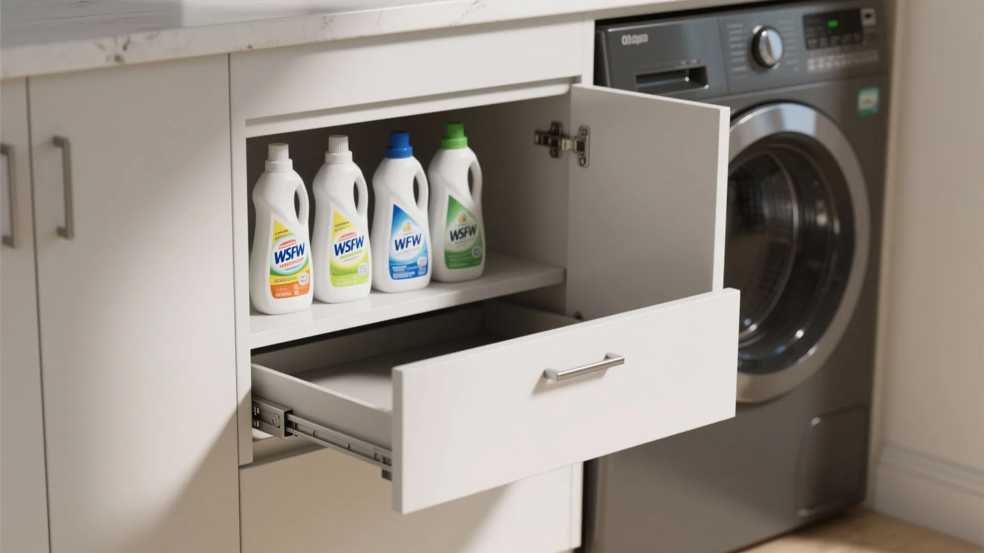 Shallow over-the-washer cabinet with pull-out shelves holding tall bottles and hidden storage.