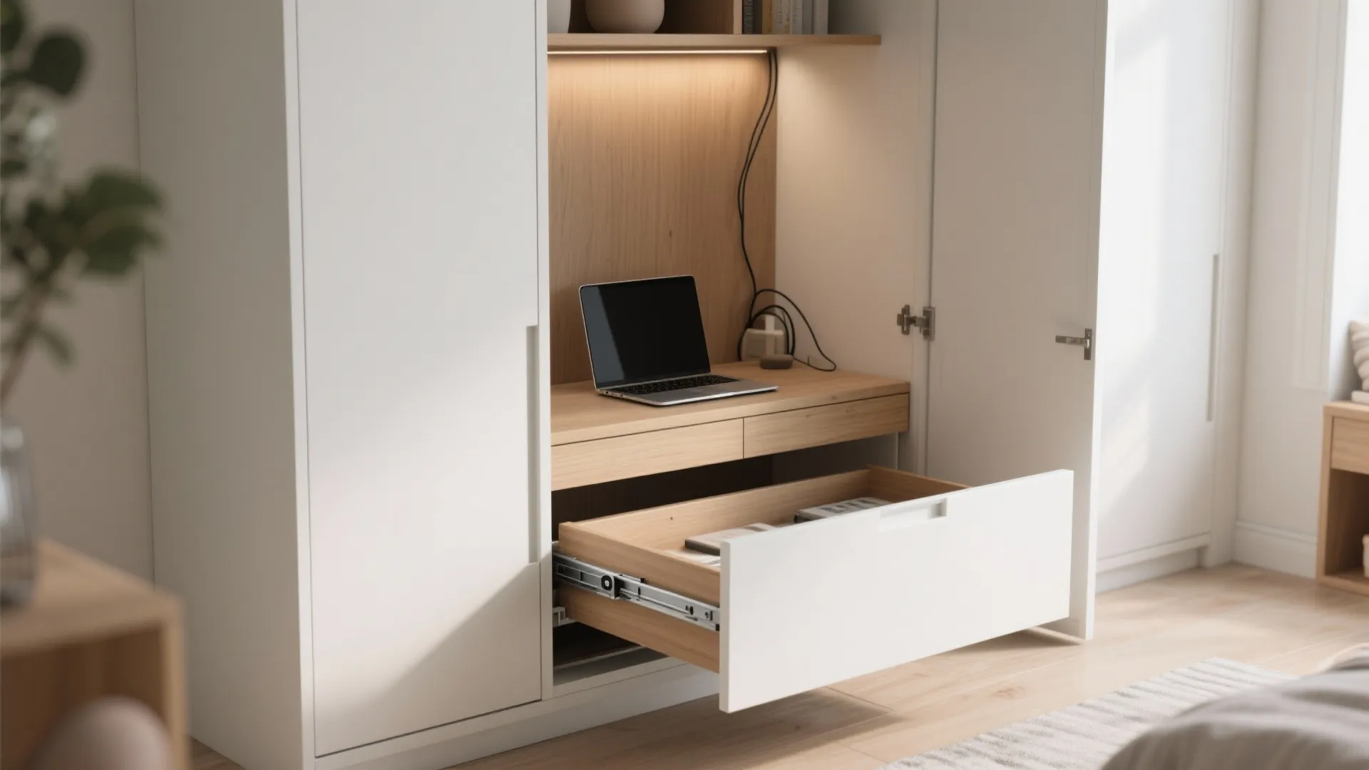 Pull-out desk hidden inside multipurpose cabinetry, shown extended with laptop and cable management visible.