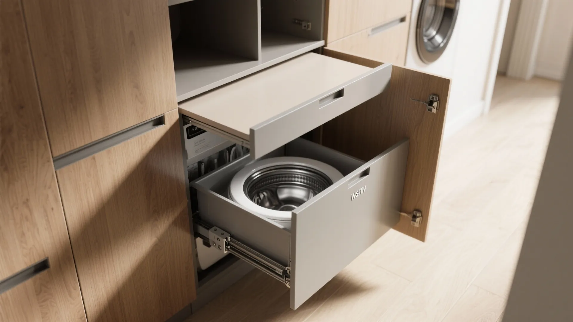 Close up view of wooden cabinet with pull out grey drawer and integrated washing machine system