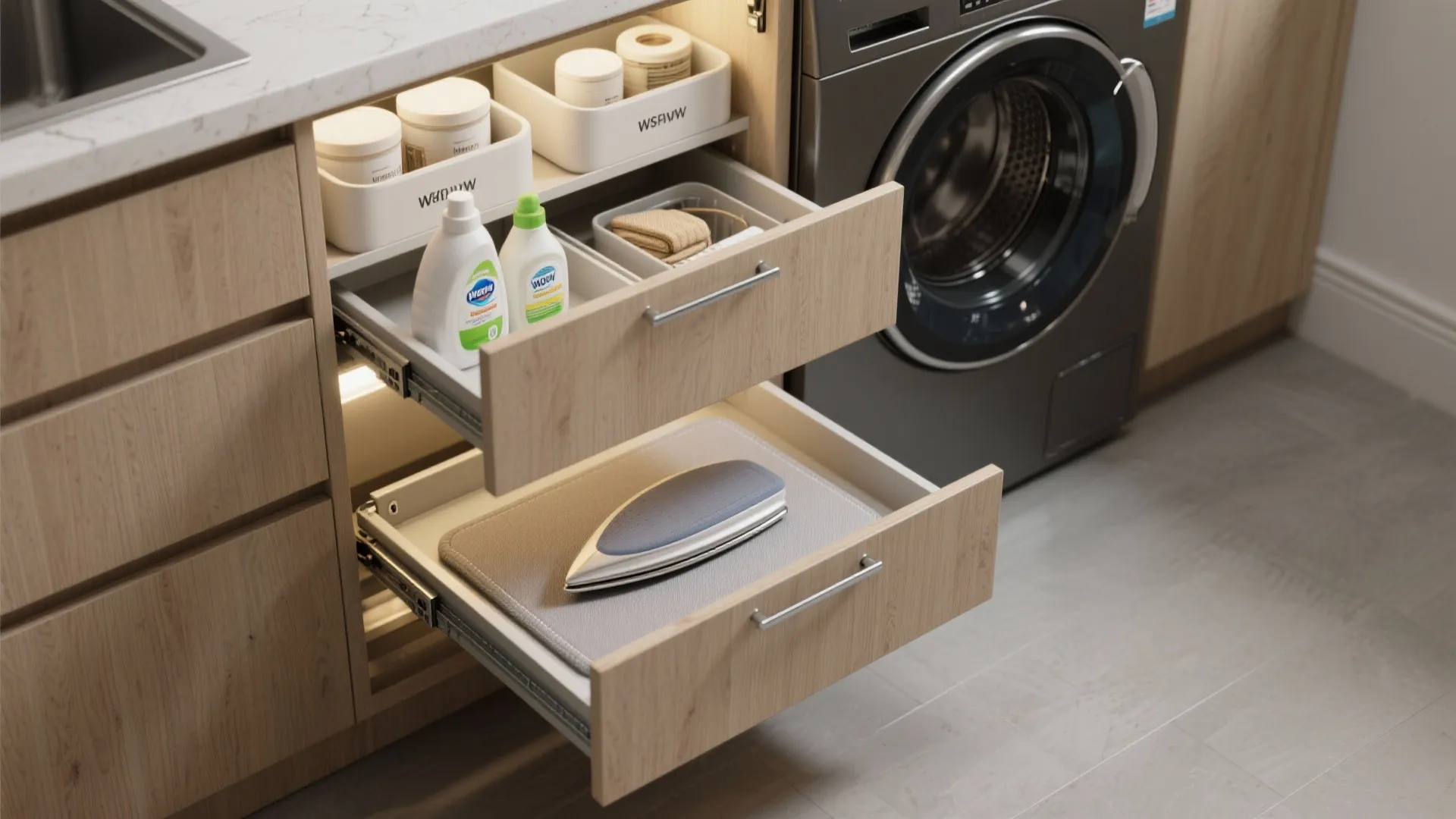 3. Pull-out shelves and sliding caddies
