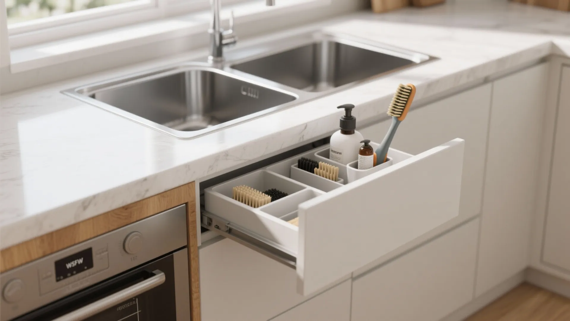3. Multi-purpose brush that tucks into a pull-out caddy