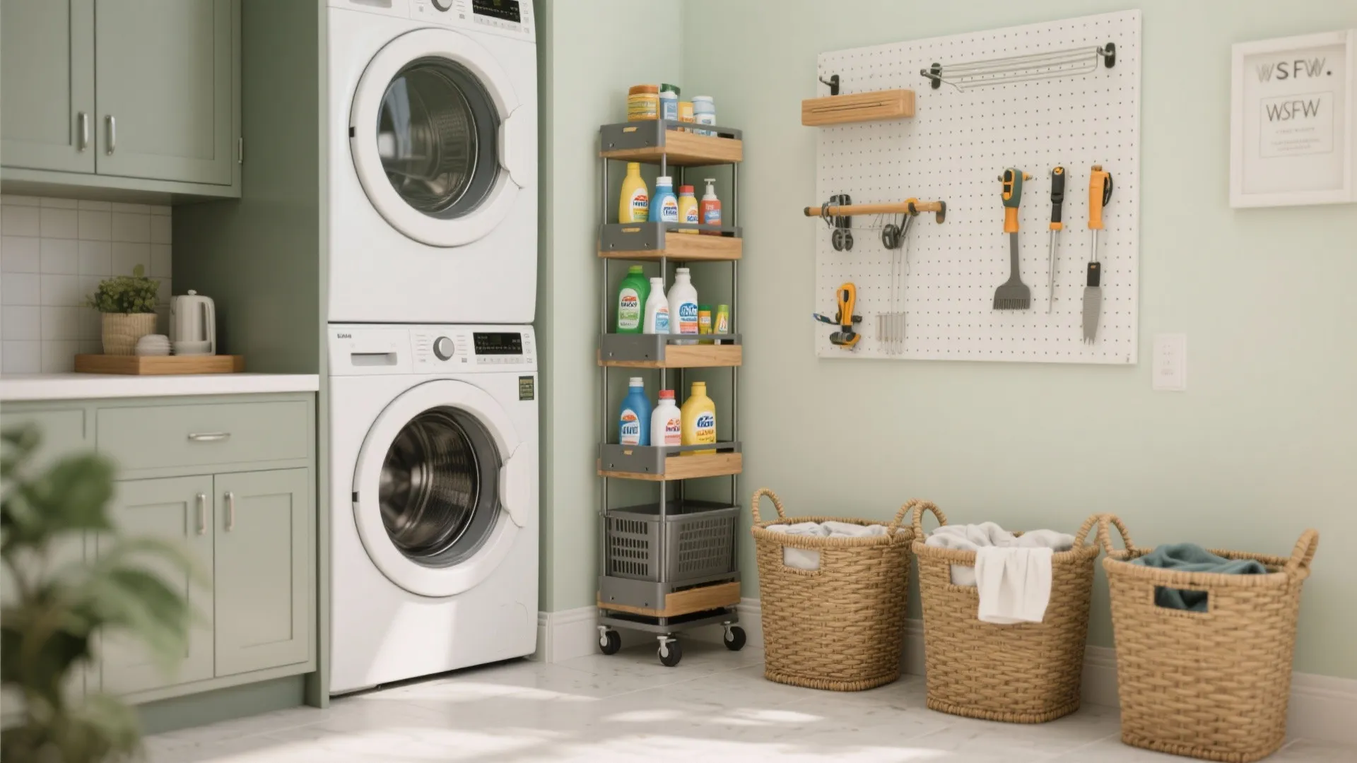 Stacked laundry with a slim pull-out caddy, wall rails for tools, and rolling hampers aligned below.