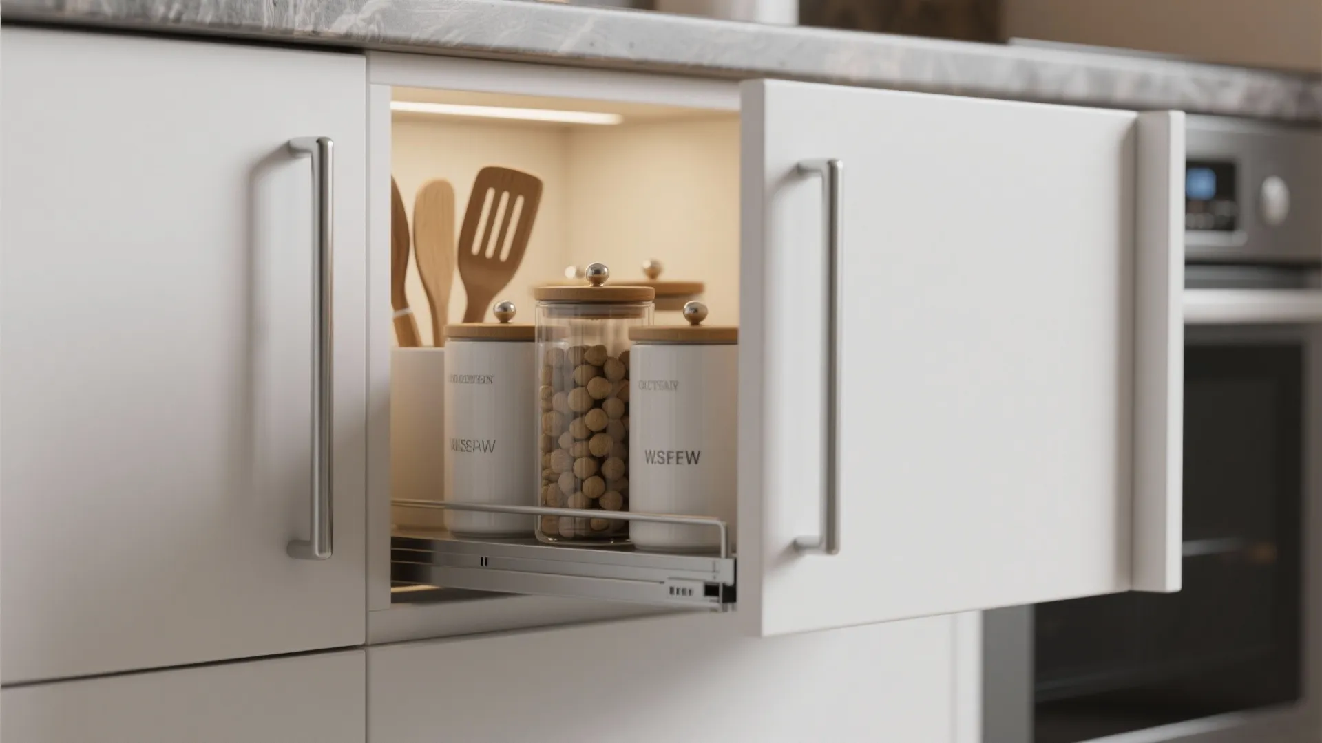White kitchen cabinet with pull out drawer holding jars and wooden spoons under warm light