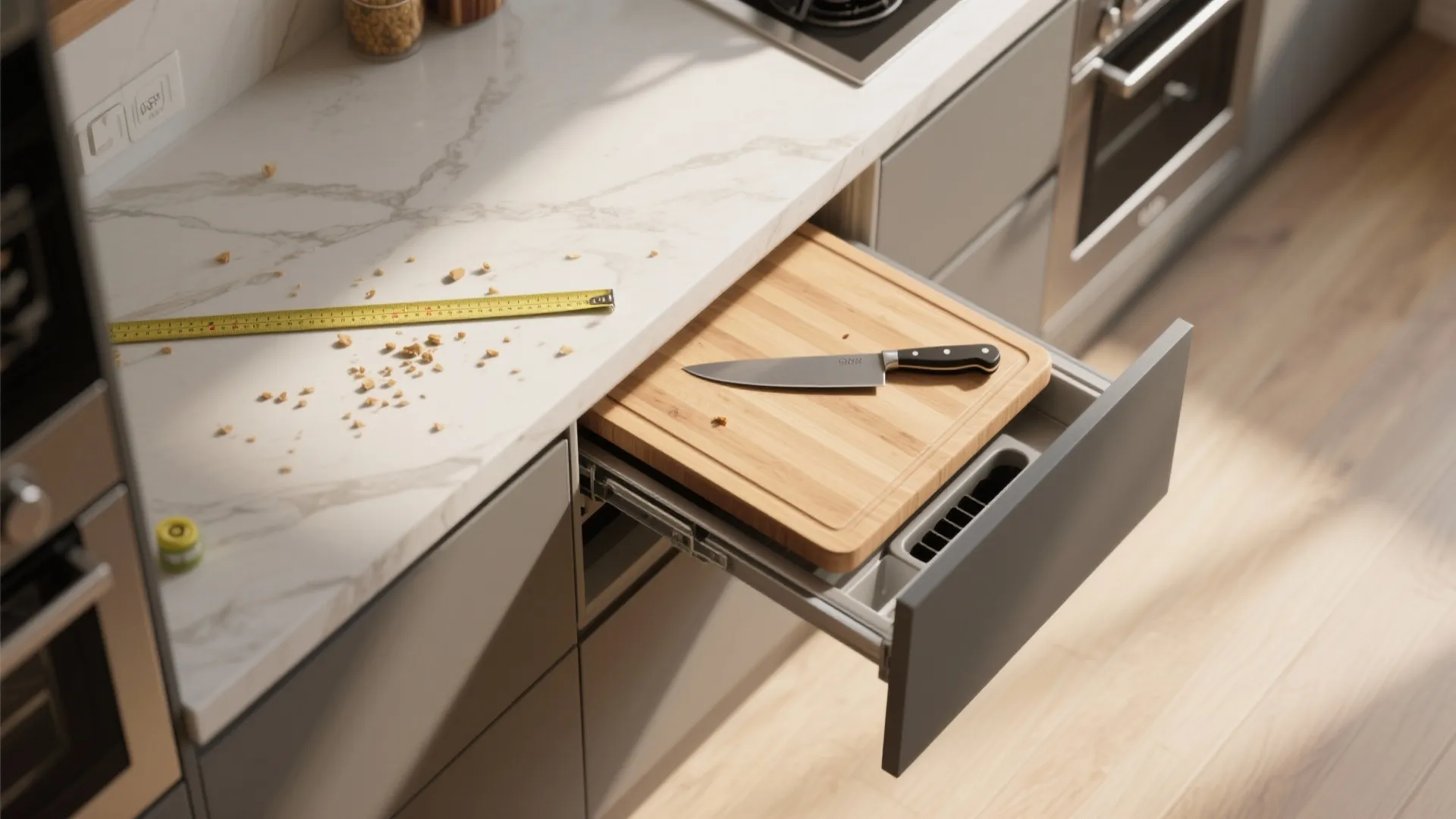 Grey kitchen cabinet with a pull out wooden cutting board and a knife on top