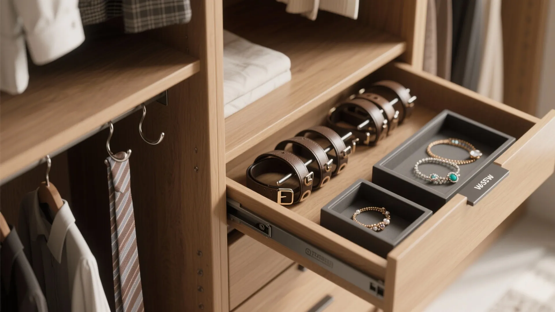 Pullout wooden closet drawer organized with leather belts and small jewelry boxes for accessories storage