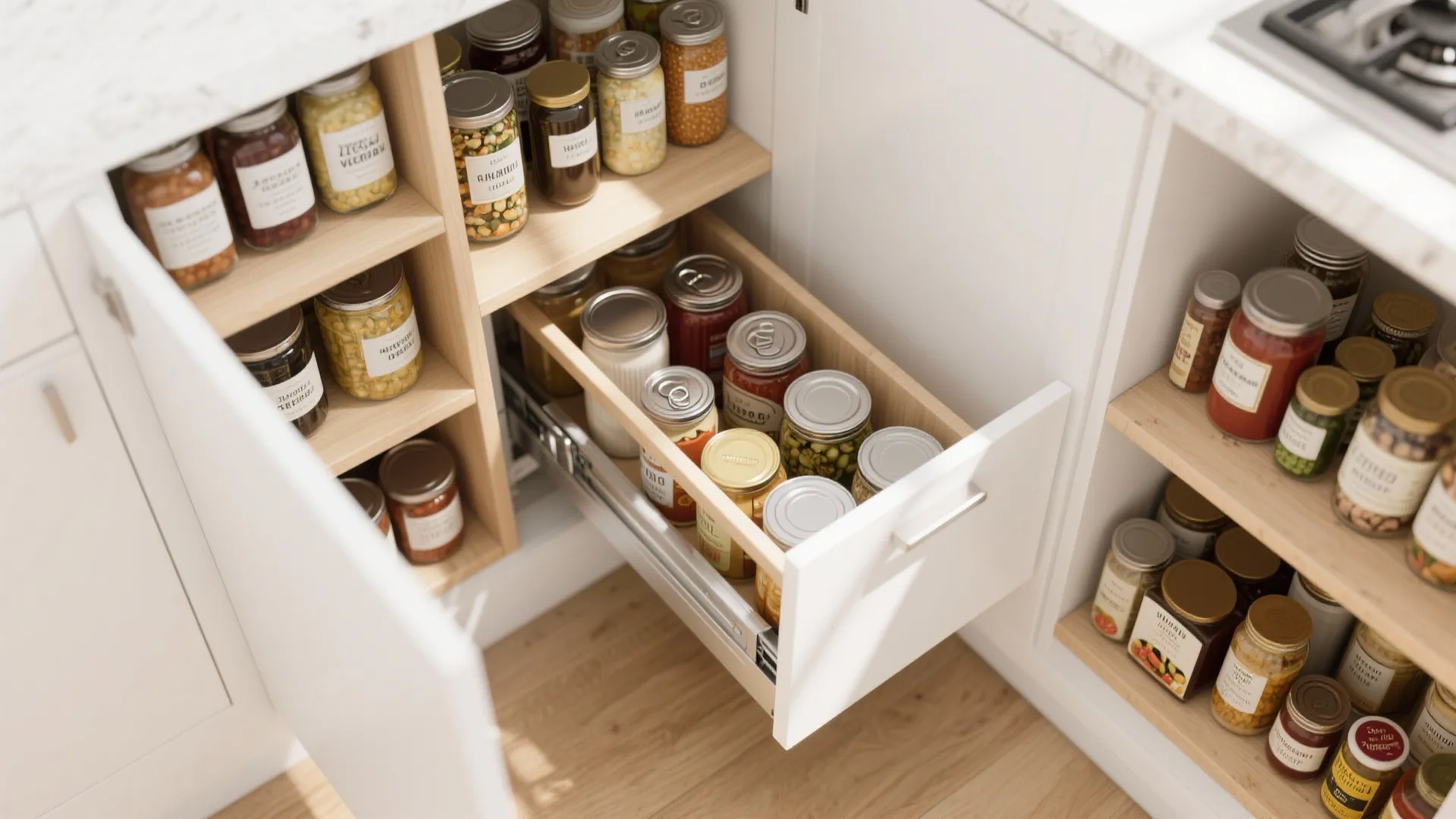 White kitchen cabinet with pull out wooden drawer organizer storing many glass spice food jars