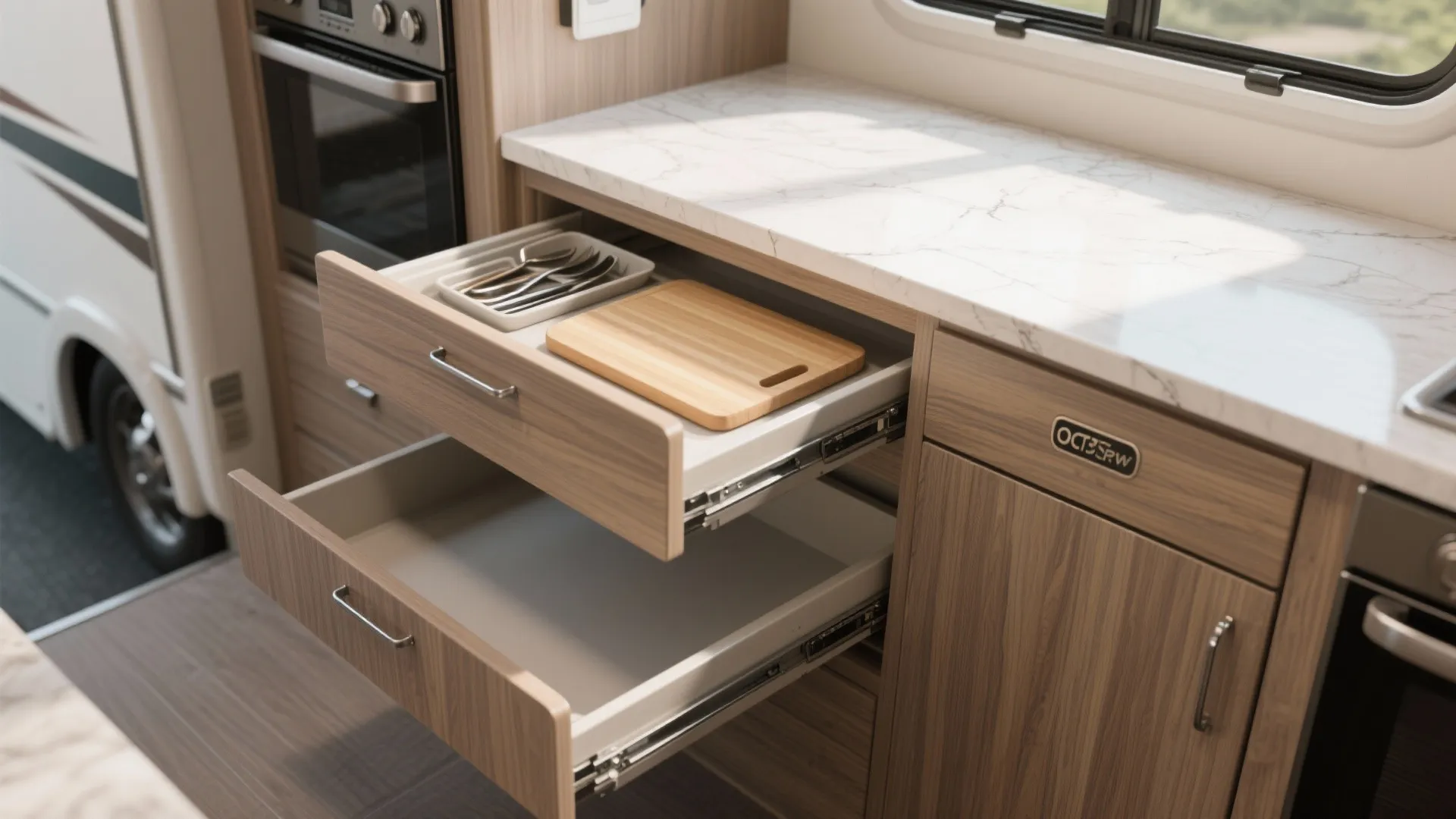 Open wooden kitchen drawers showing wood cutting board and cutlery tray under white marble counter