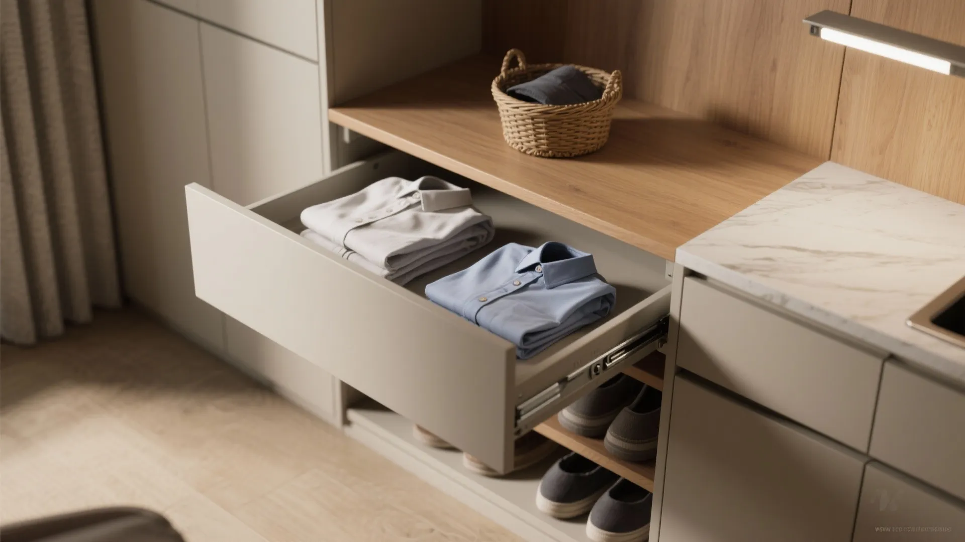 Modern walk-in closet featuring an open drawer with folded shirts and organized wood shelf storage