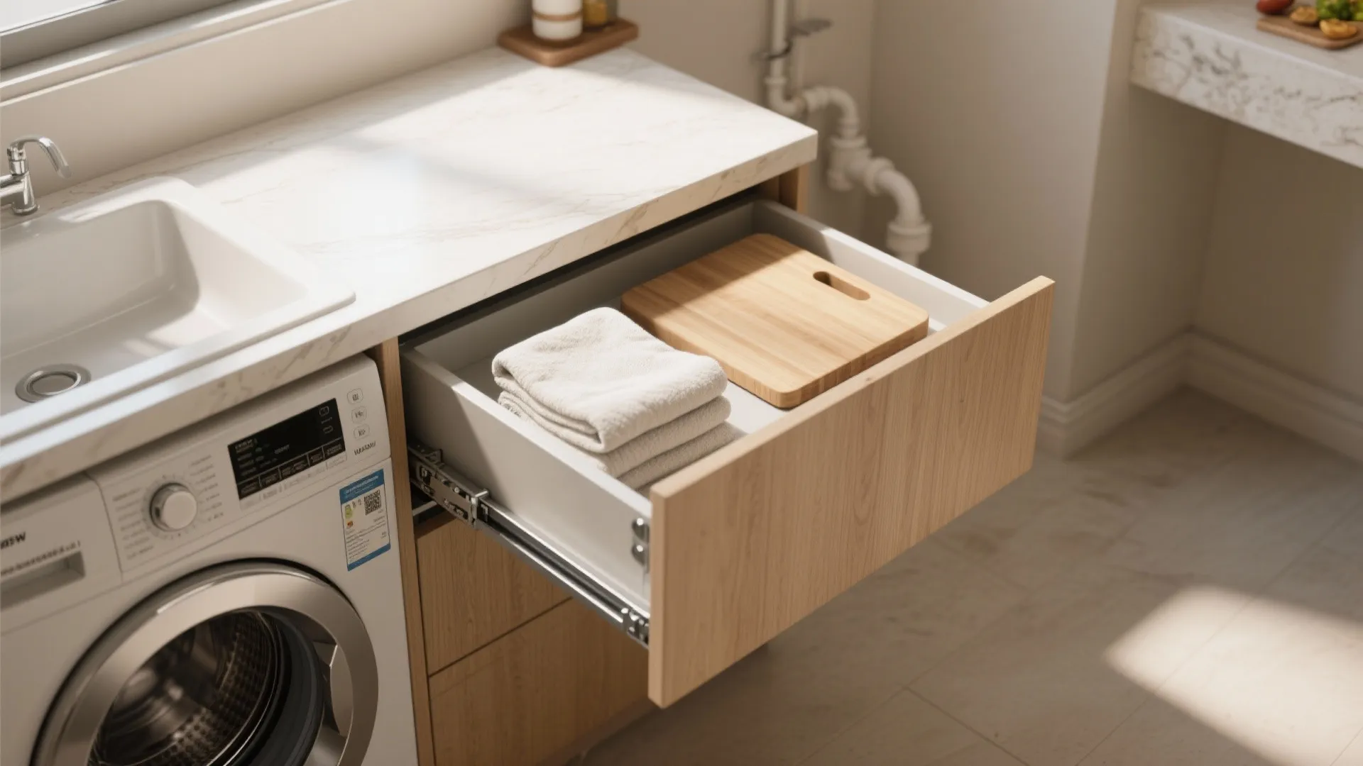 Open wooden drawer containing folded white towels and a wooden board under a white marble countertop