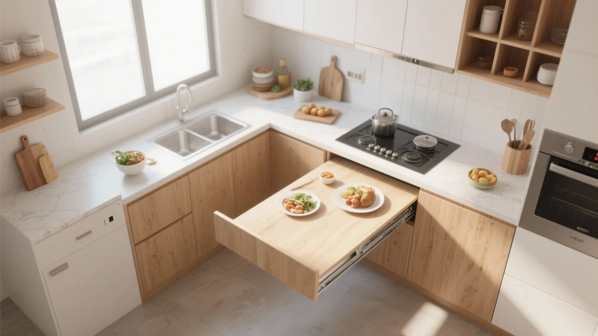 Top view of a pull-out wooden countertop extension in a small kitchen