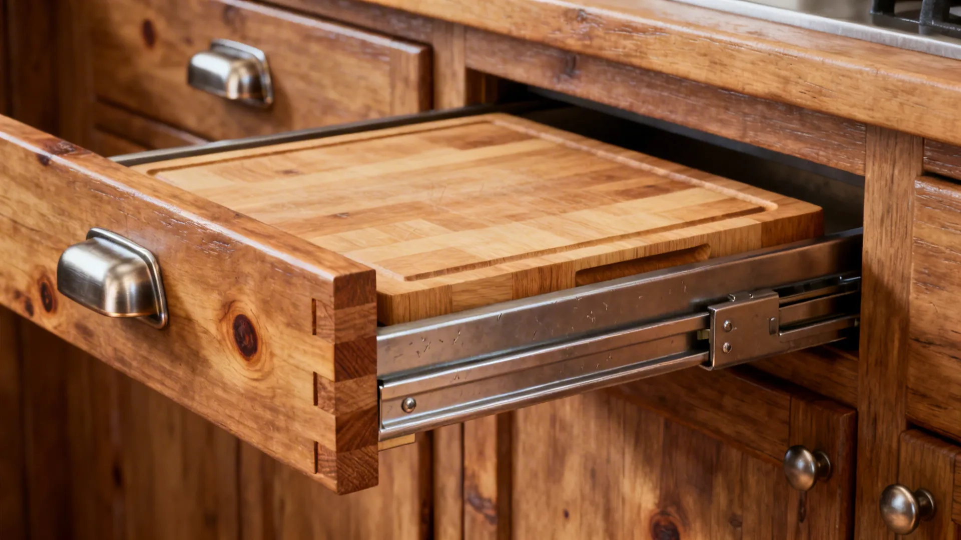 Close up of wood kitchen drawer featuring a built in cutting board for food preparation