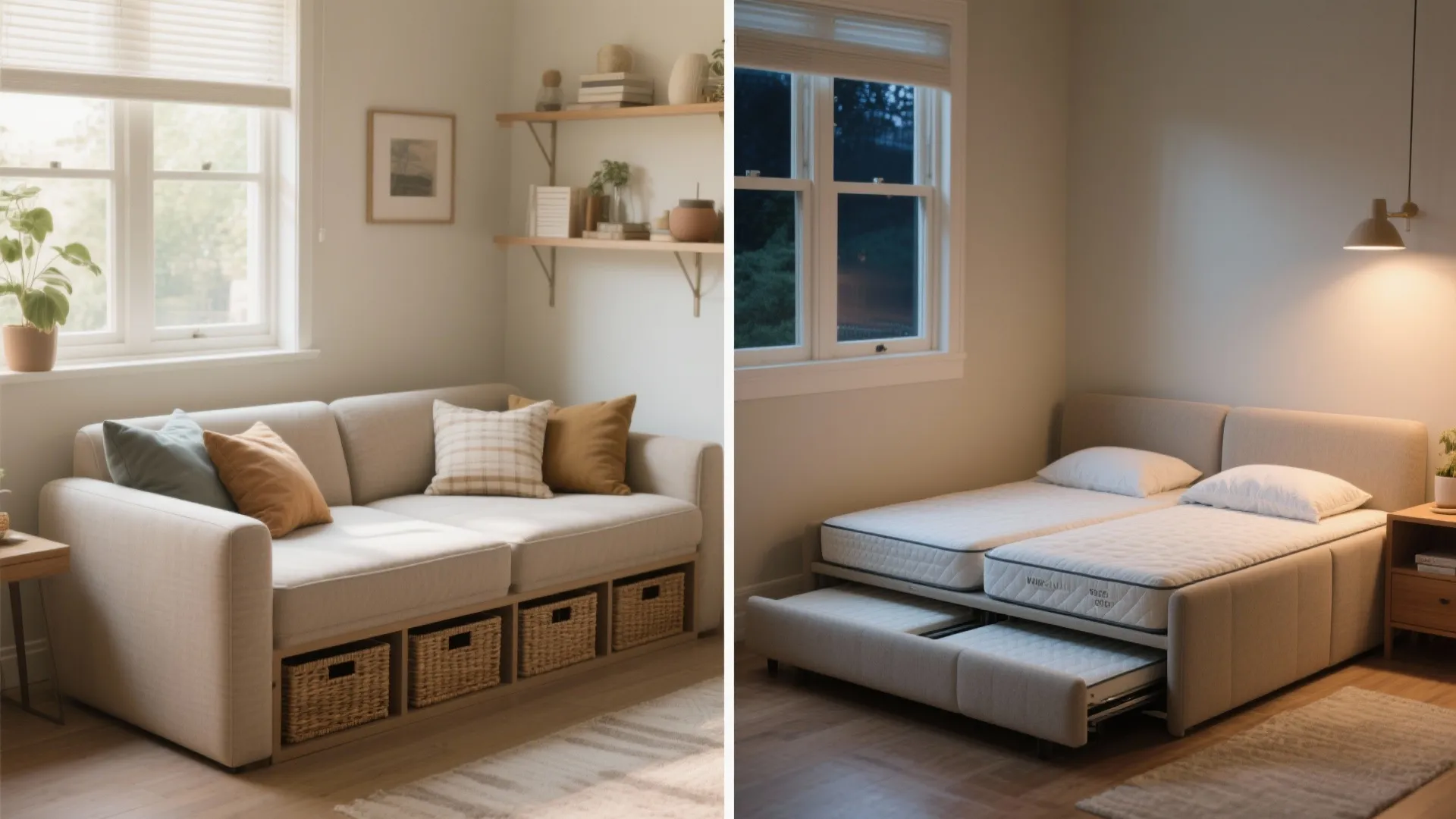 Comparison showing beige sofa with storage baskets and same unit converted into a guest bed