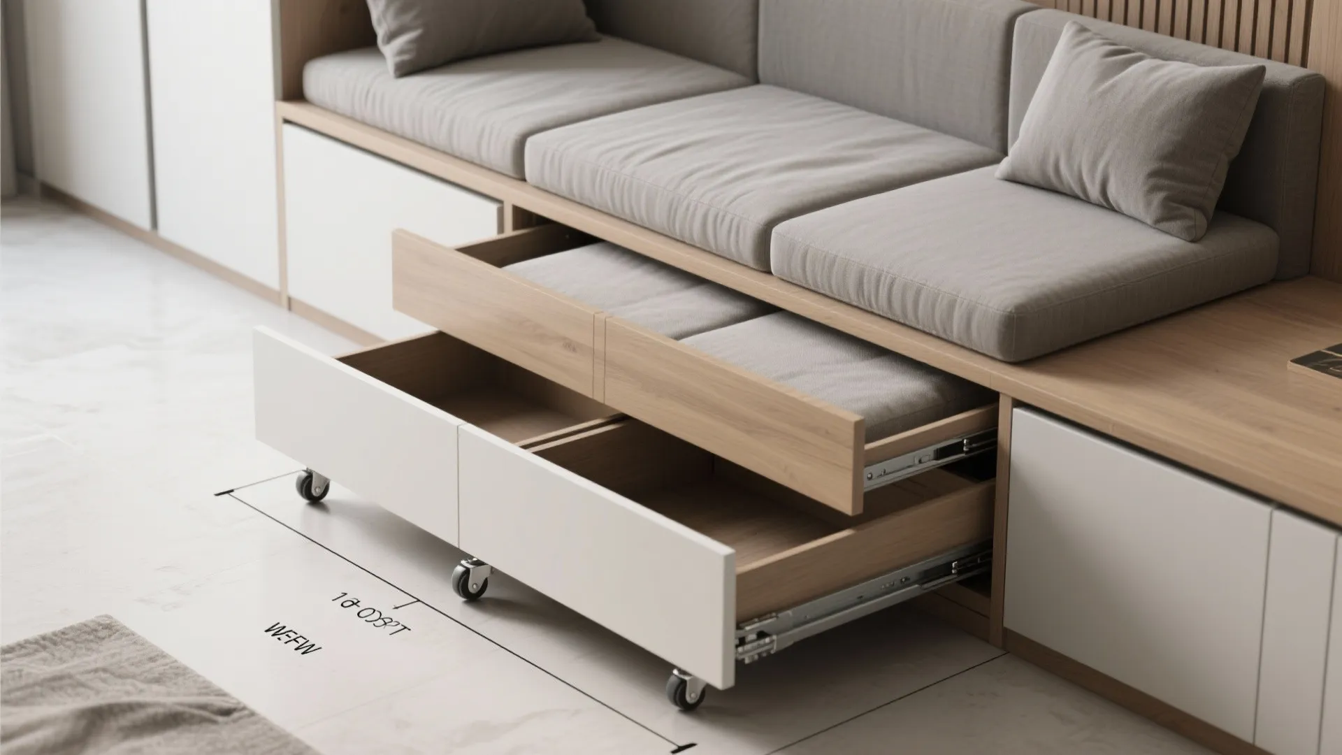 Wooden daybed with grey cushions featuring pull out storage drawers on wheels for space saving design
