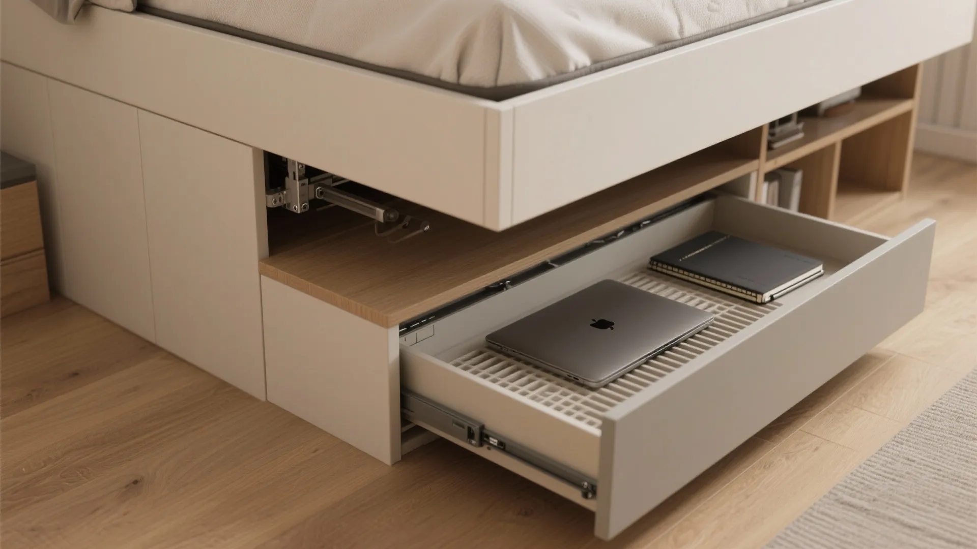Pull out drawer under white bed frame holding a grey laptop and a black notebook