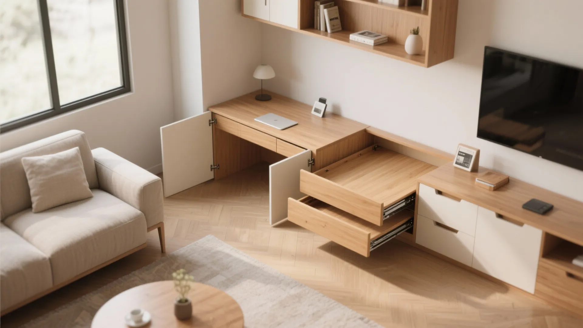 Modern wooden desk with pullout drawers next to a grey sofa and a television cabinet