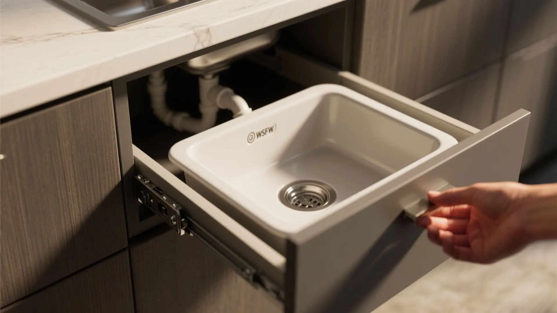 A hand pulling out a kitchen drawer which contains a white sink under a countertop