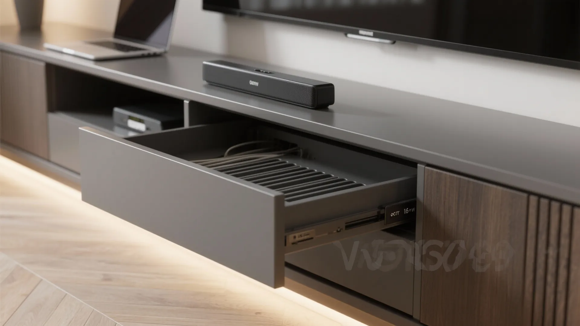 Modern grey cabinet with open drawer showing built-in cable management and black sound bar on top