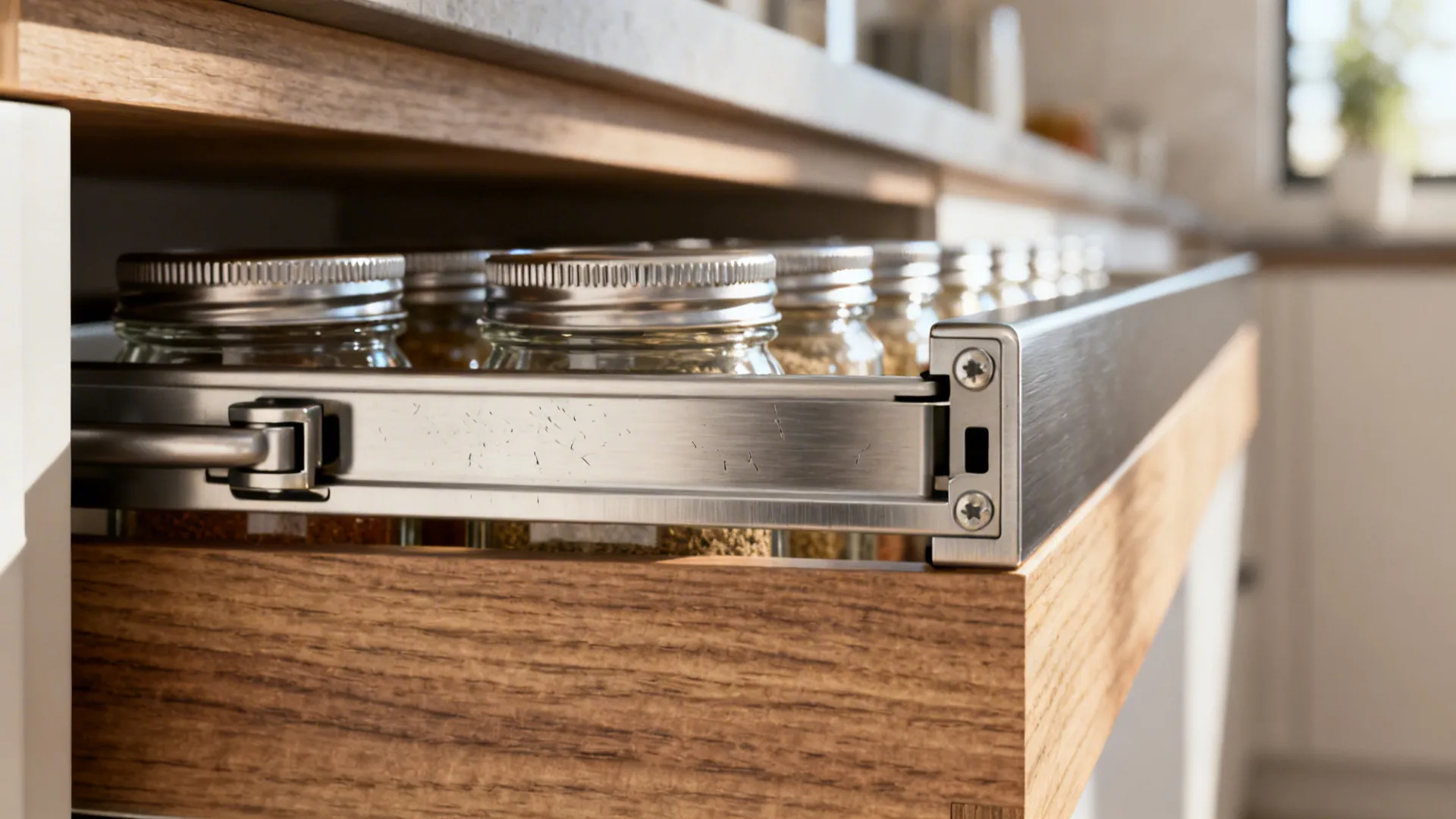 Macro detail of pull-out spice rack hardware with tiered shelves and glass jars.