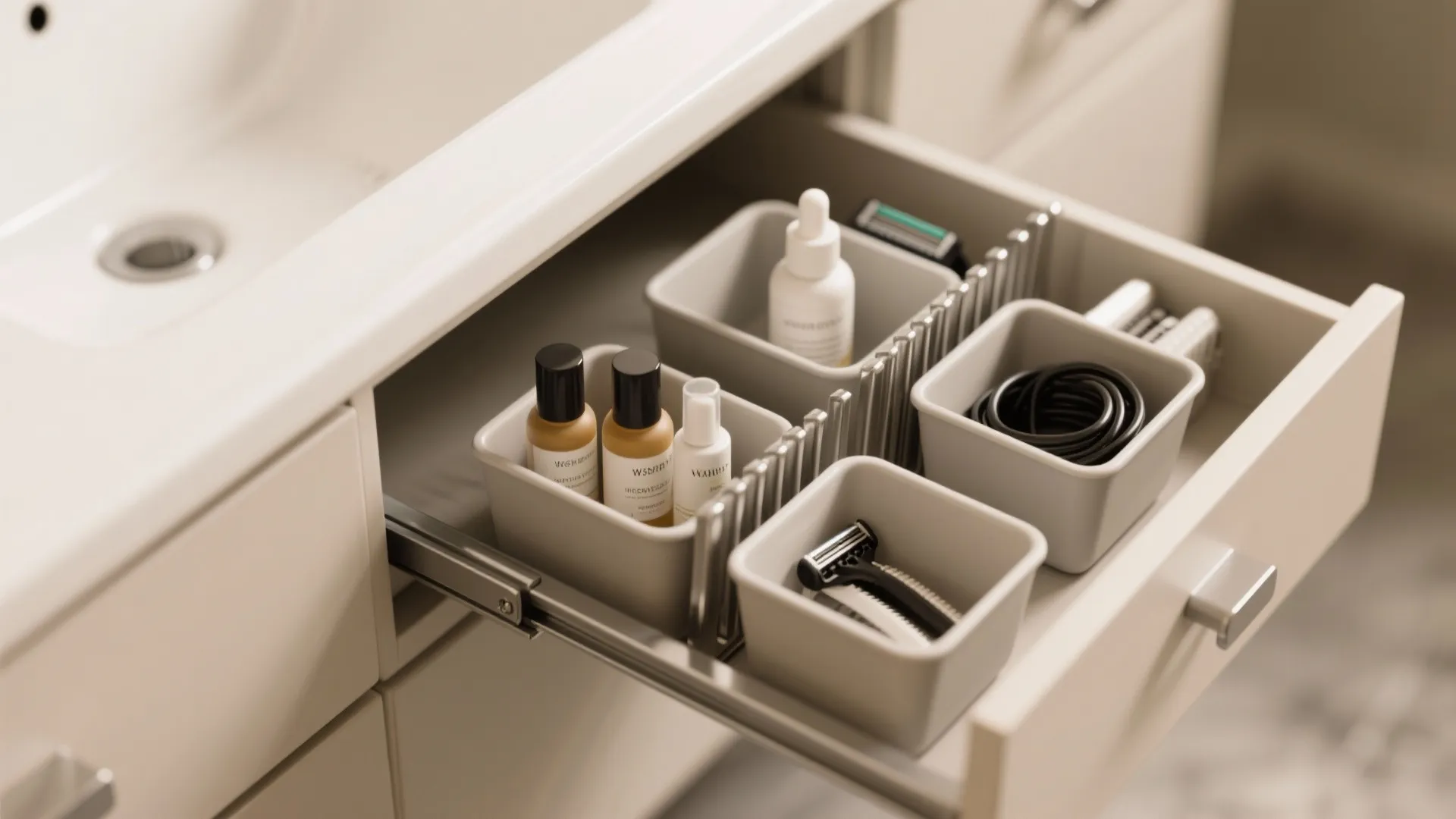 Open bathroom drawer with small grey plastic organizer bins for skincare products and shaving razors