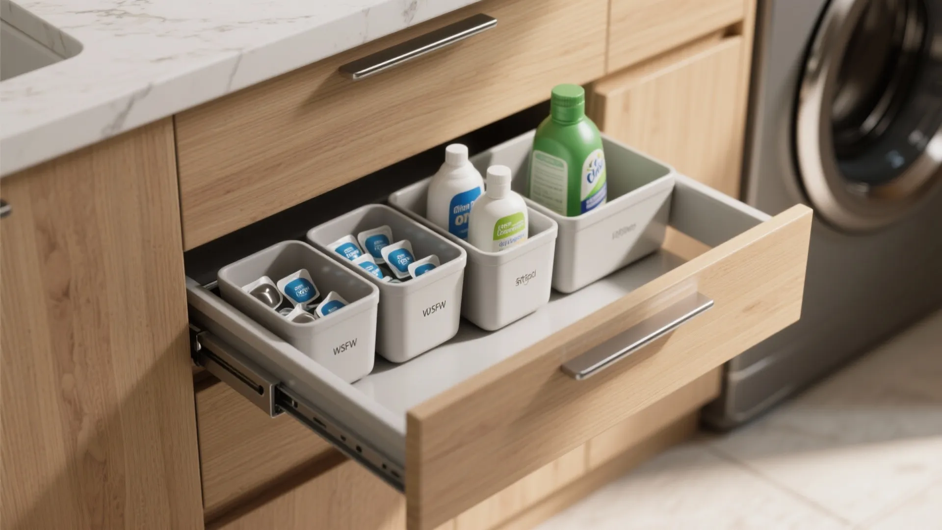 Open wooden laundry room drawer with four white plastic bins holding laundry pods and bottles