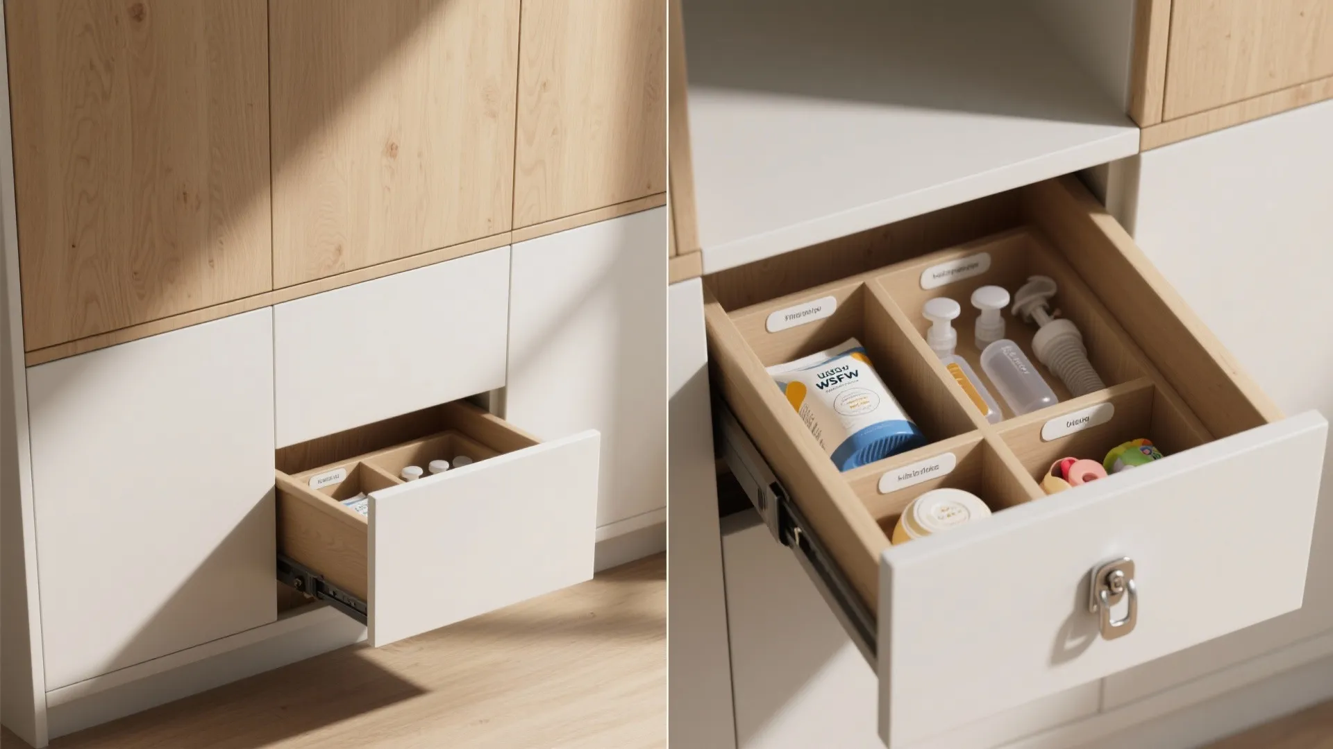 White and wood cabinet with an open pullout drawer showing organized small items and labels