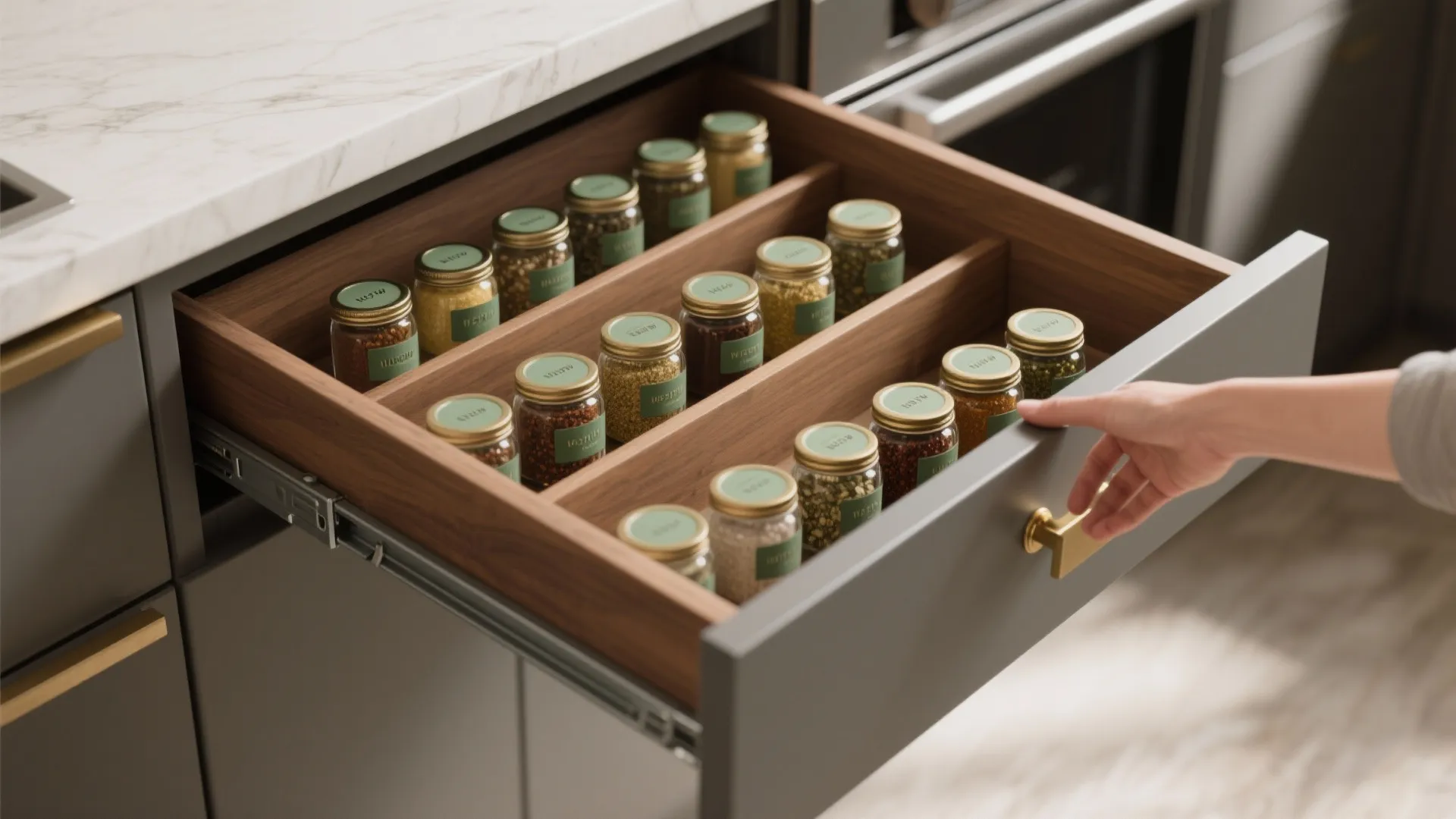 Gray kitchen drawer pulled open by hand to reveal organized glass spice jars on wood