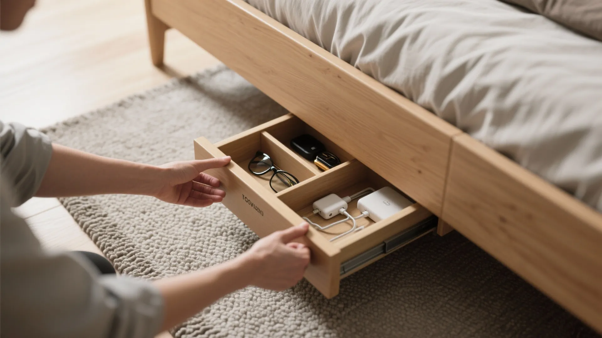 Person pulling out a wooden bed drawer containing glasses and electronics on a grey rug