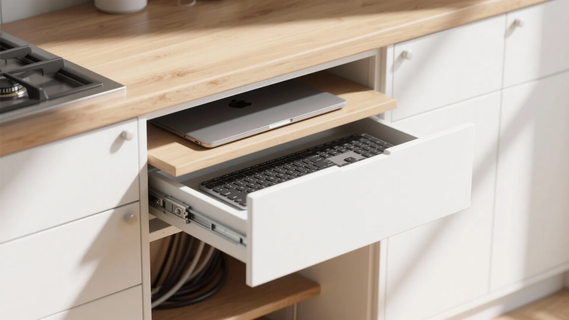 3. Pull-out drawer desk under a countertop