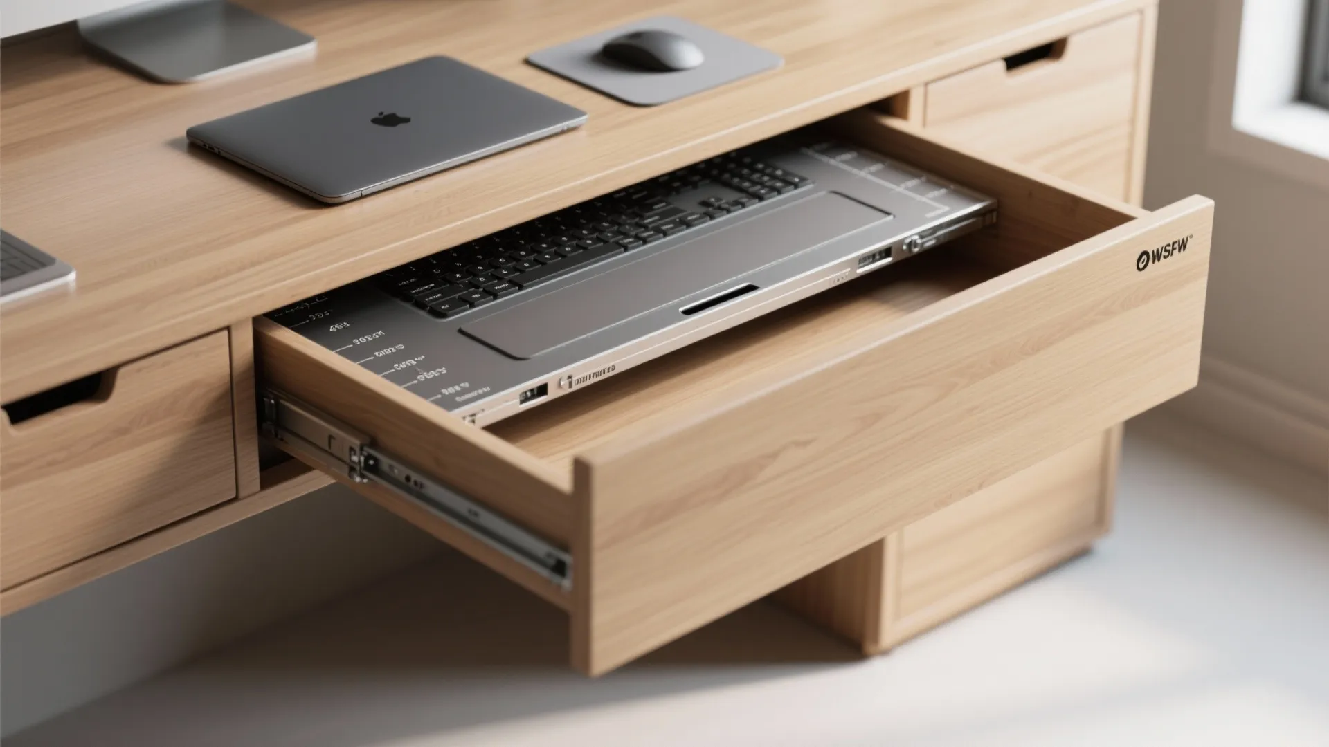 Wooden desk with an open pullout drawer containing a silver laptop keyboard and a mouse