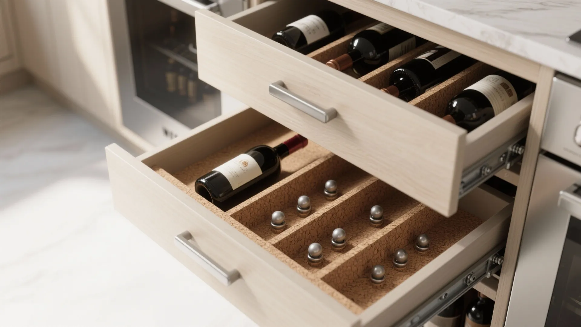 Open kitchen drawers with specialized wine bottle organizers next to a built in oven appliance