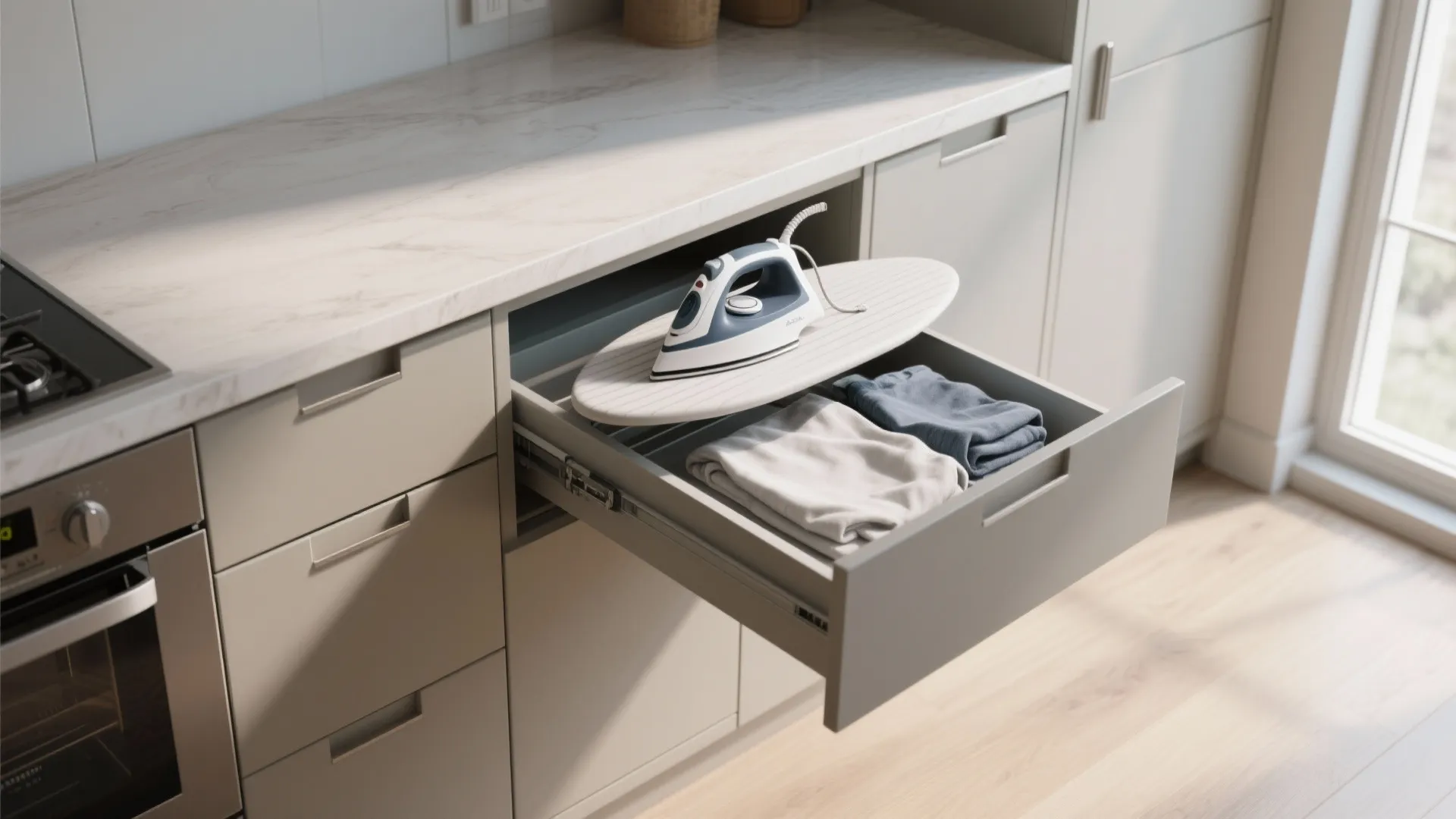 2. Pull-out drawer table inside cabinetry