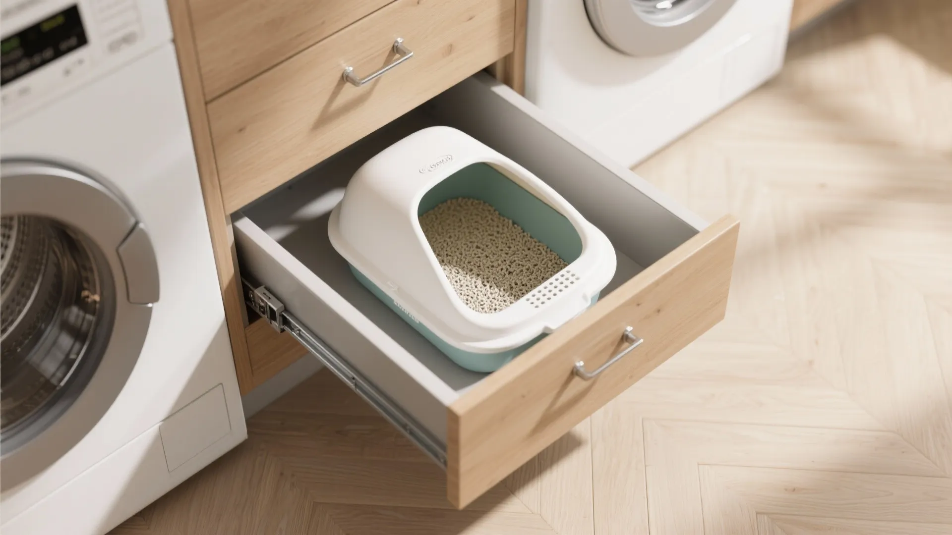 Open wooden cabinet drawer containing a white cat litter box located next to washing machine