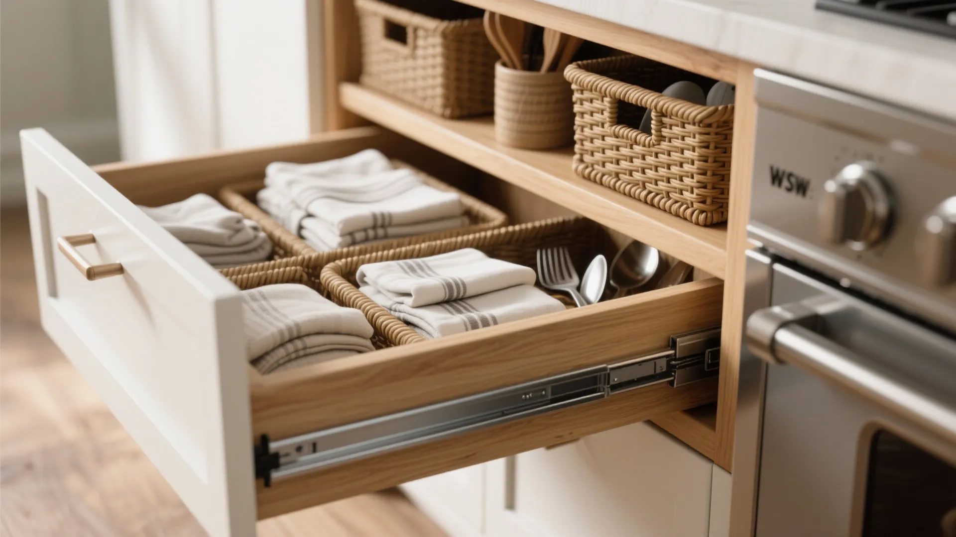 Open kitchen drawer containing woven baskets with folded white towels and metal forks and spoons