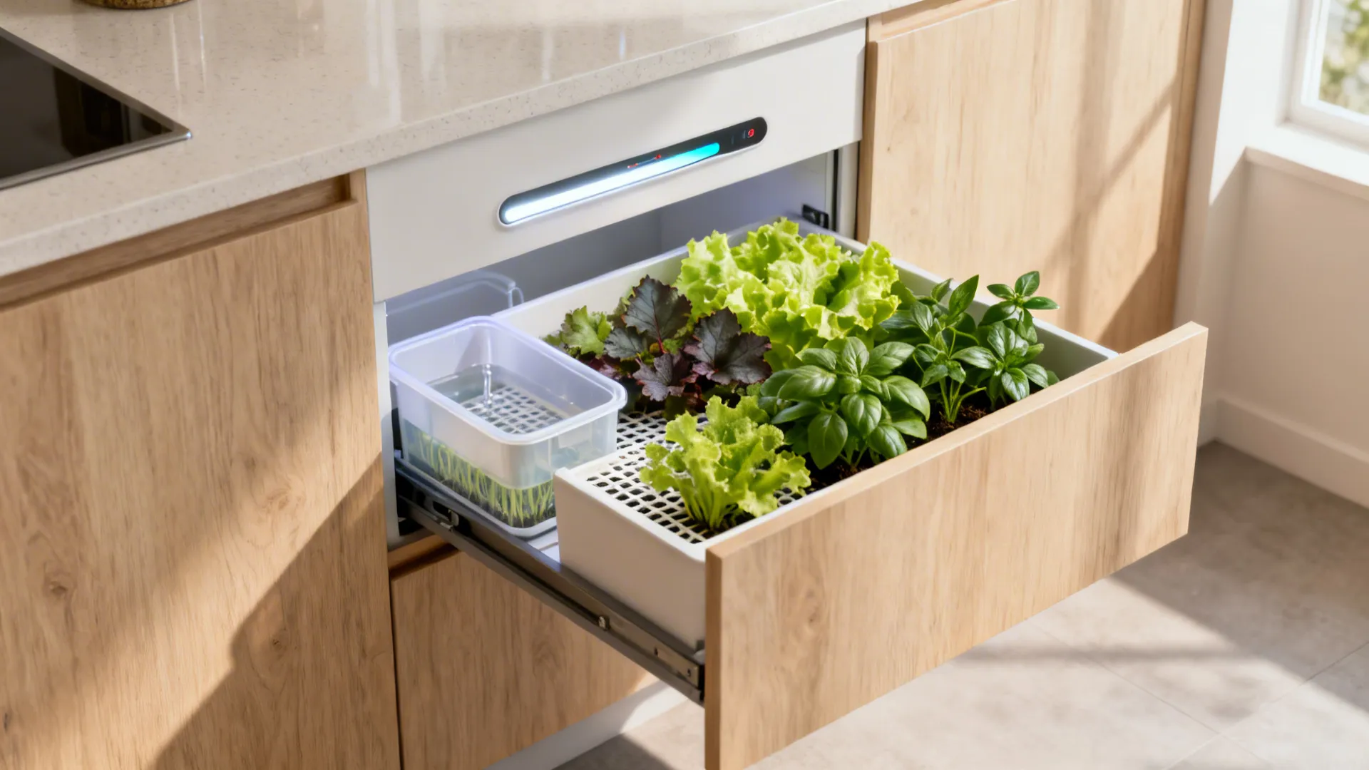 Open wooden kitchen cabinet drawer showing an indoor garden system with fresh green lettuce plants