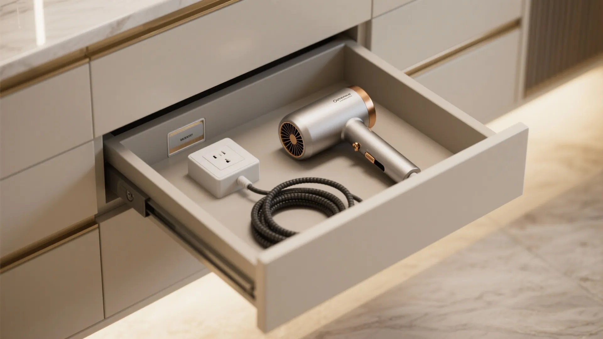 Open cabinet drawer showing a silver hair dryer and power socket for organized bathroom storage