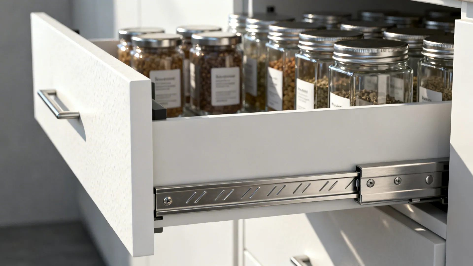 Macro of slim pull-out pantry with full-extension runners and organized jars.