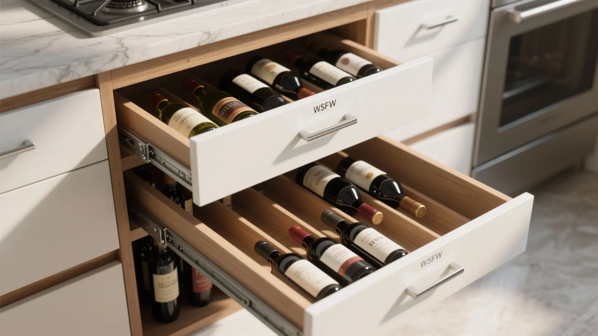 Open white kitchen drawers showing wine bottles stored inside on wooden dividers near a marble counter