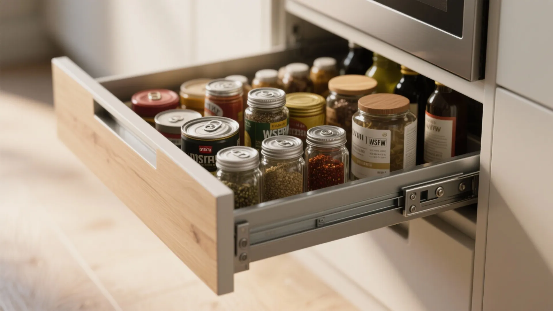 Close-up of a pull-out vertical pantry drawer filled with spices and cans, showing full-extension hardware.
