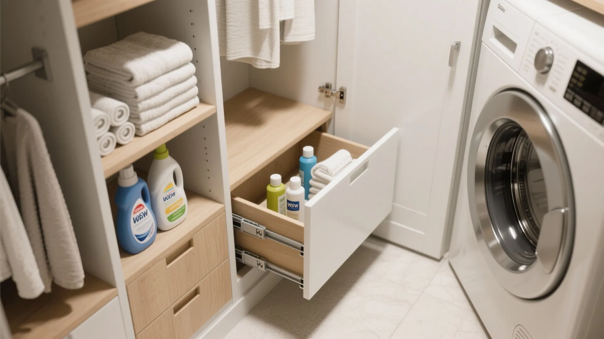 Laundry room storage cabinet with pullout drawers containing cleaning bottles towels and a washing machine