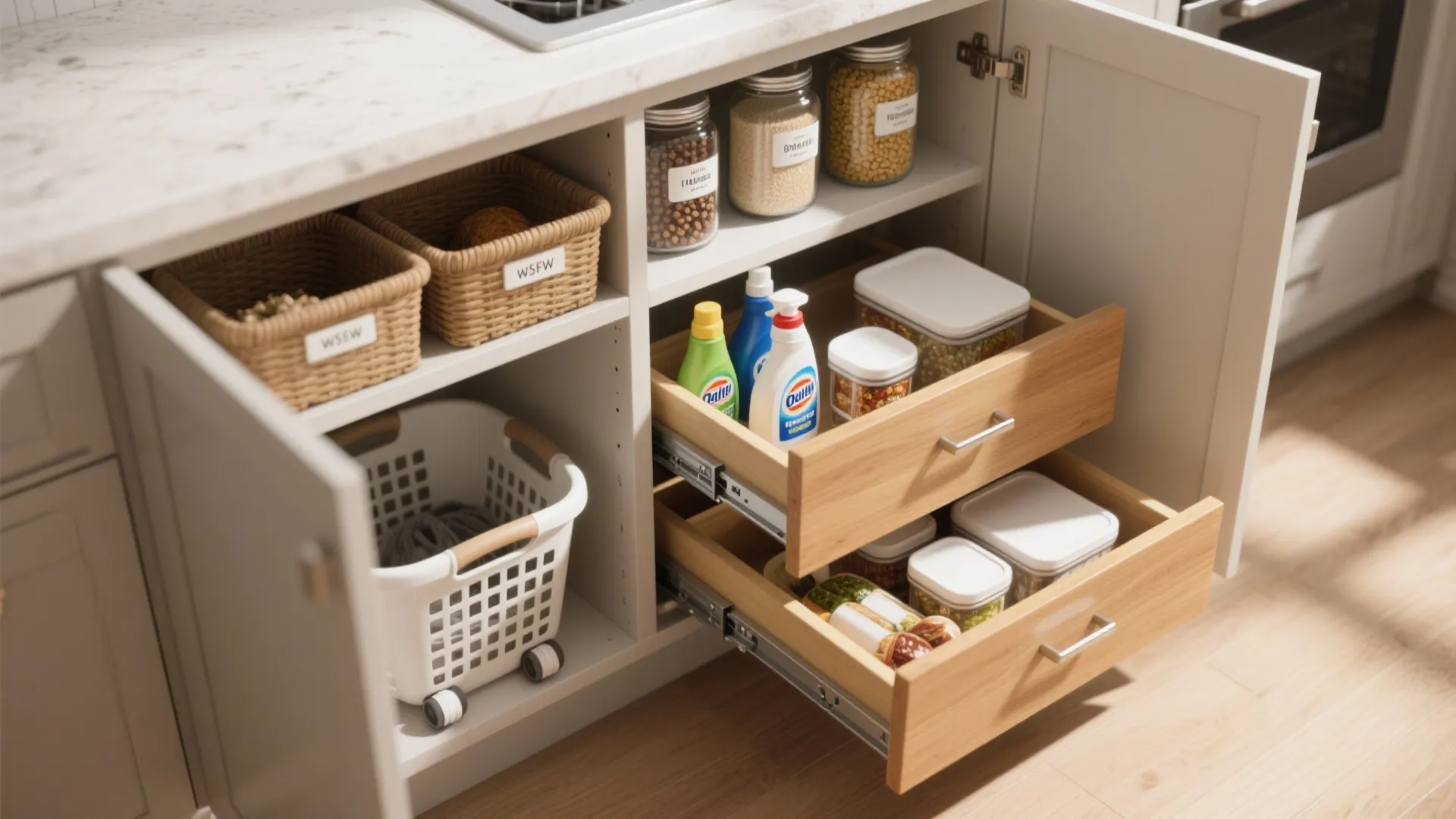 Top-down view of pull-out pantry drawers with dry goods above and laundry supplies in lower deep drawers