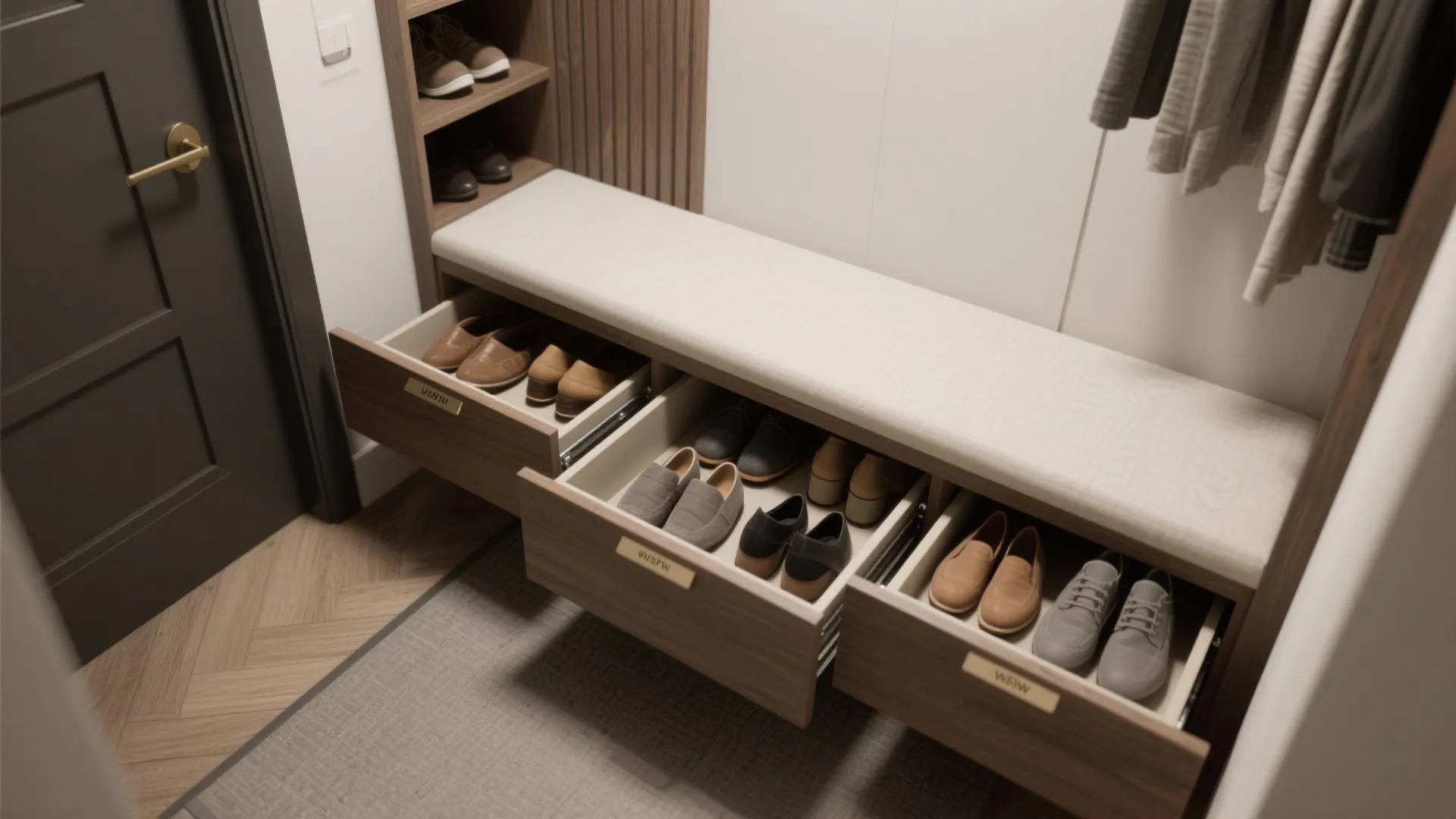 3. Pull-out shoe drawers and slotted shelves
