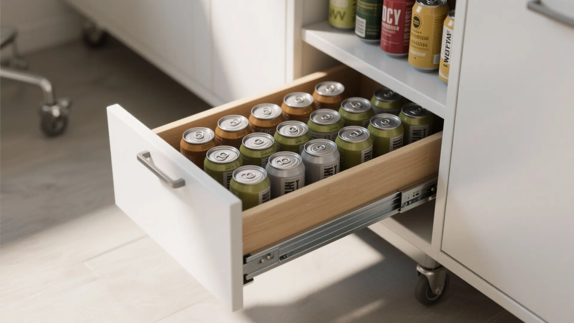 Modern white kitchen cabinet with an open wooden pullout drawer filled with many colorful beverage cans