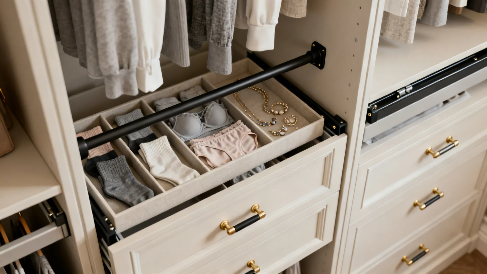 Pull-out drawers and sliding trays under a hanging rail organizing small garments in a tiny closet.