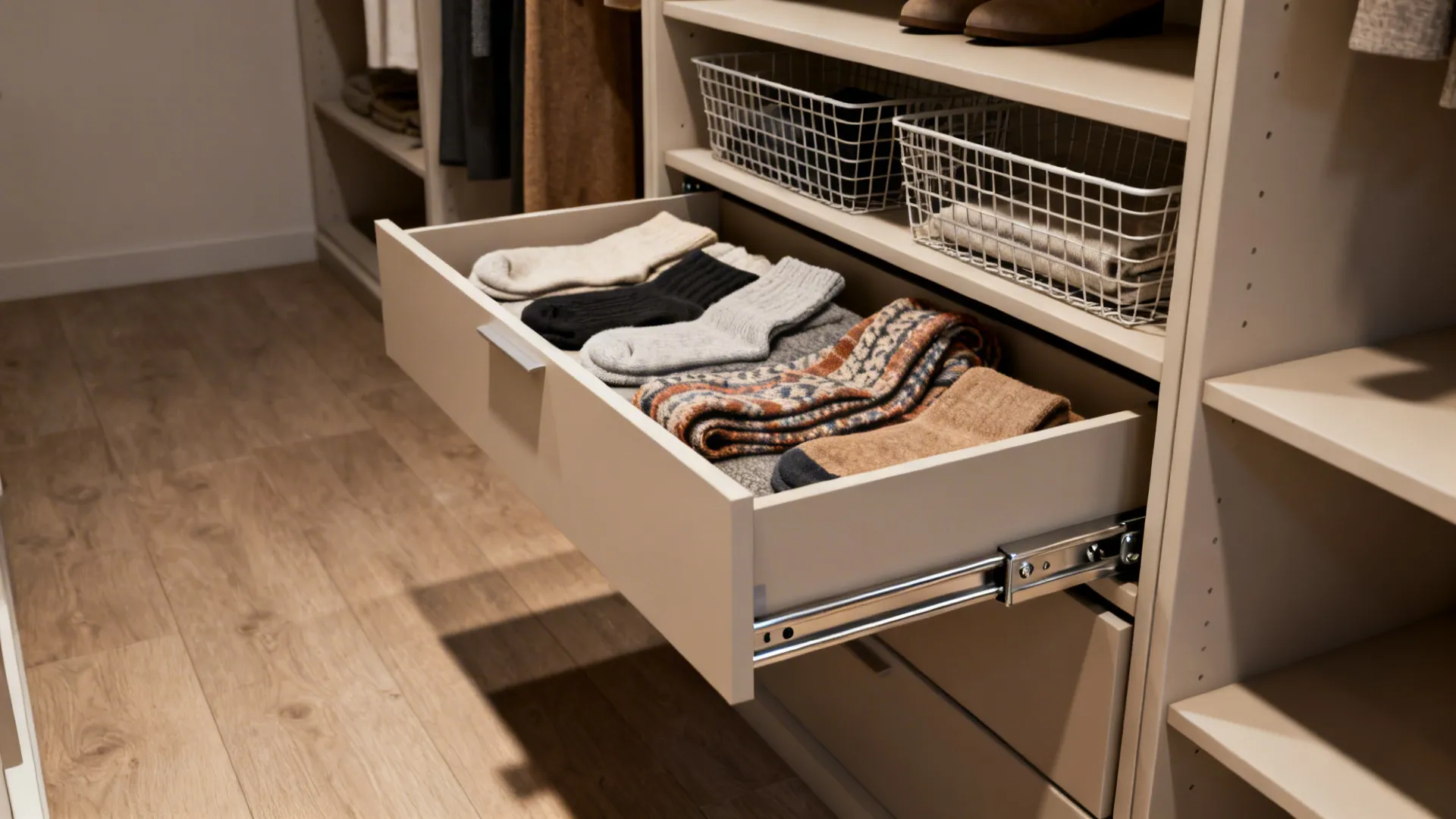 Shallow pull-out drawers on tracks inside a narrow closet holding folded accessories.