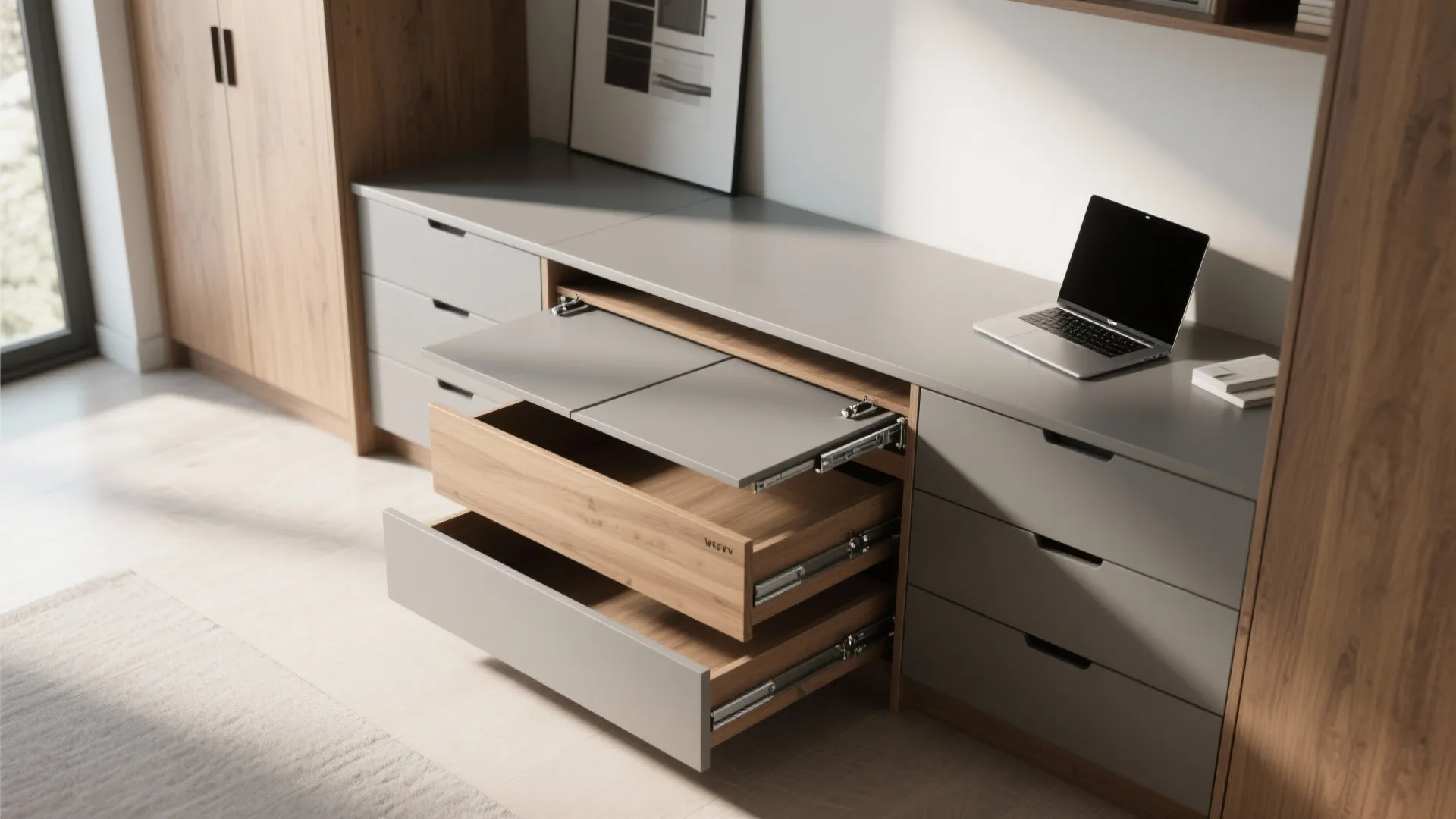 Top-down view of a convertible dresser with a pull-out desk extended, showing clearance and hardware.