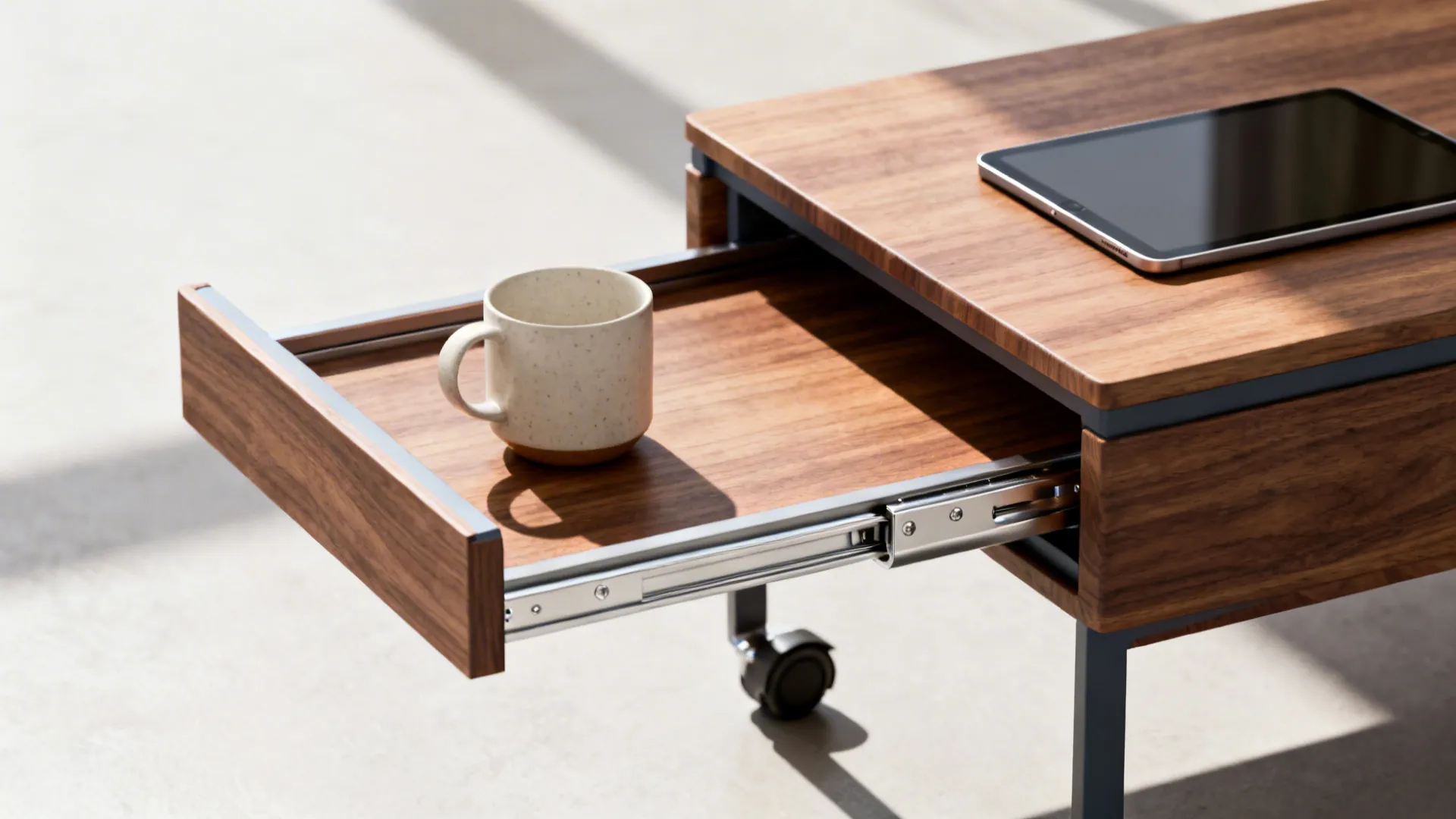 Wooden side table with pull out drawer holding a white mug and a black tablet