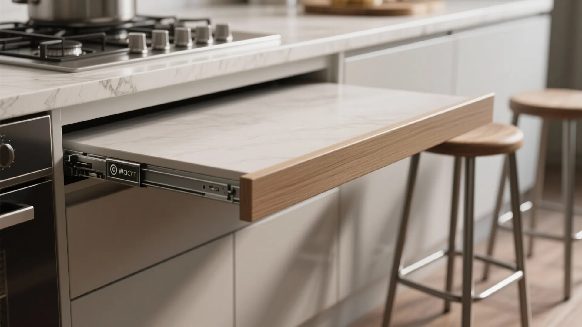 Modern kitchen cabinet showing a pullout marble countertop extension with wooden trim for extra workspace