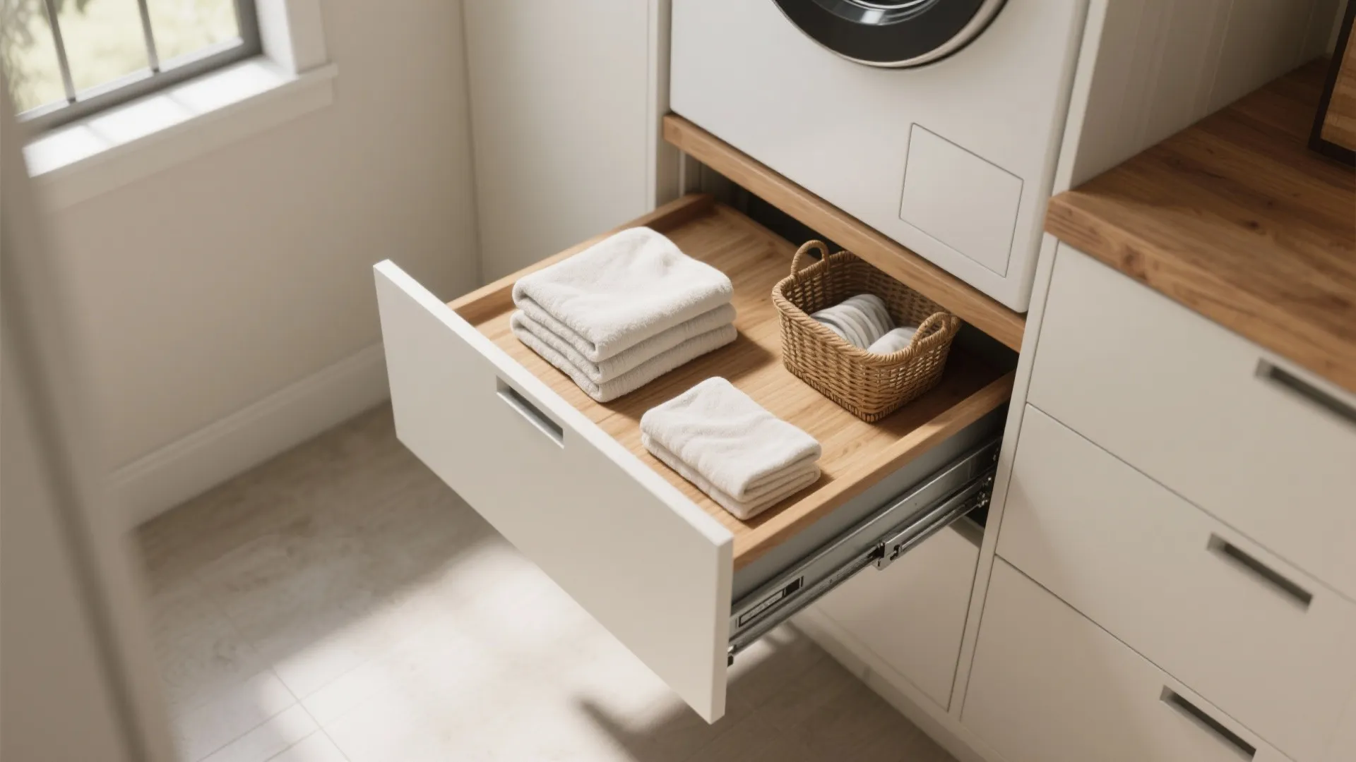 Pull out wooden drawer with folded white towels and small basket under a white washing machine