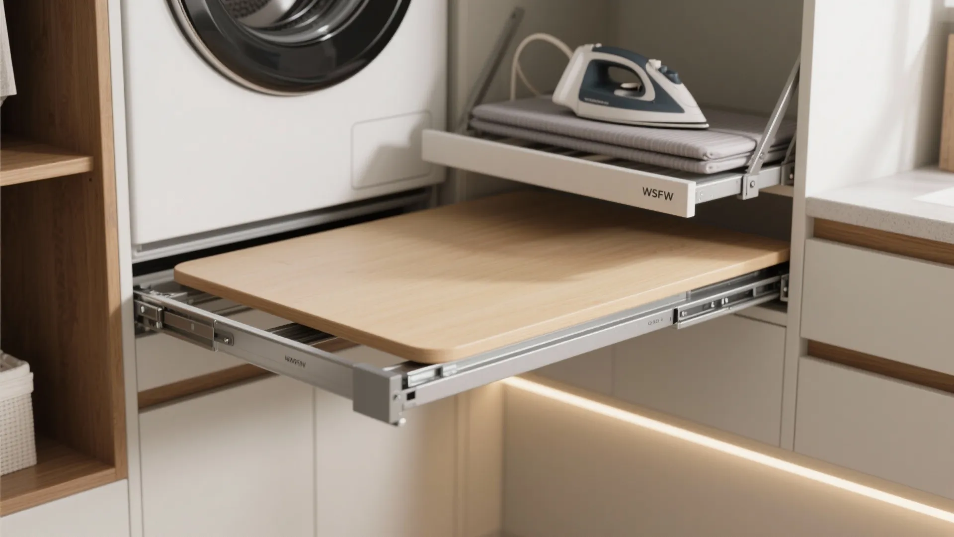 Pull out wooden folding board and iron storage shelf installed next to a washing machine