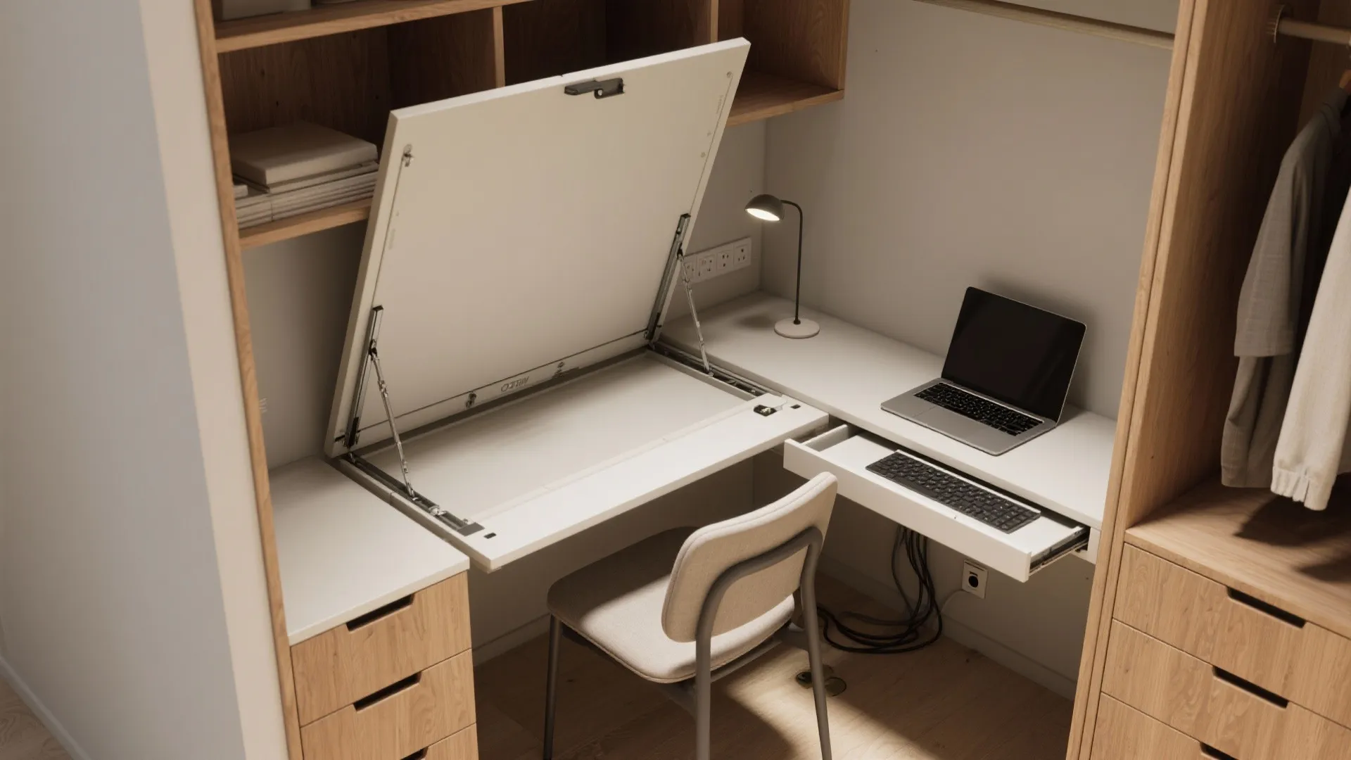 Modern folding desk integrated into wooden cabinet featuring a laptop keyboard small lamp and chair